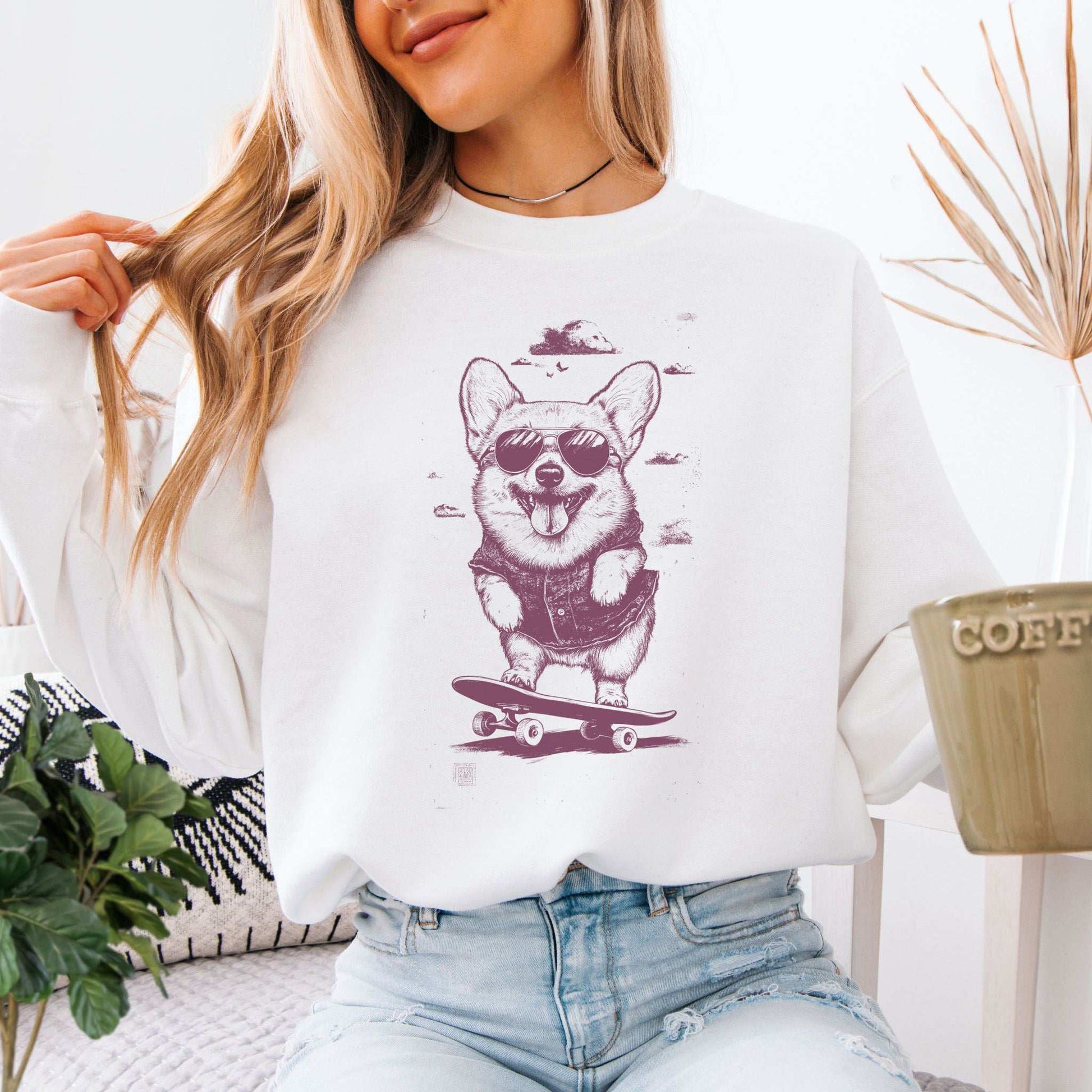 Speedy Skater Corgi Sweatshirt – Funny Cool Dog on Wheels