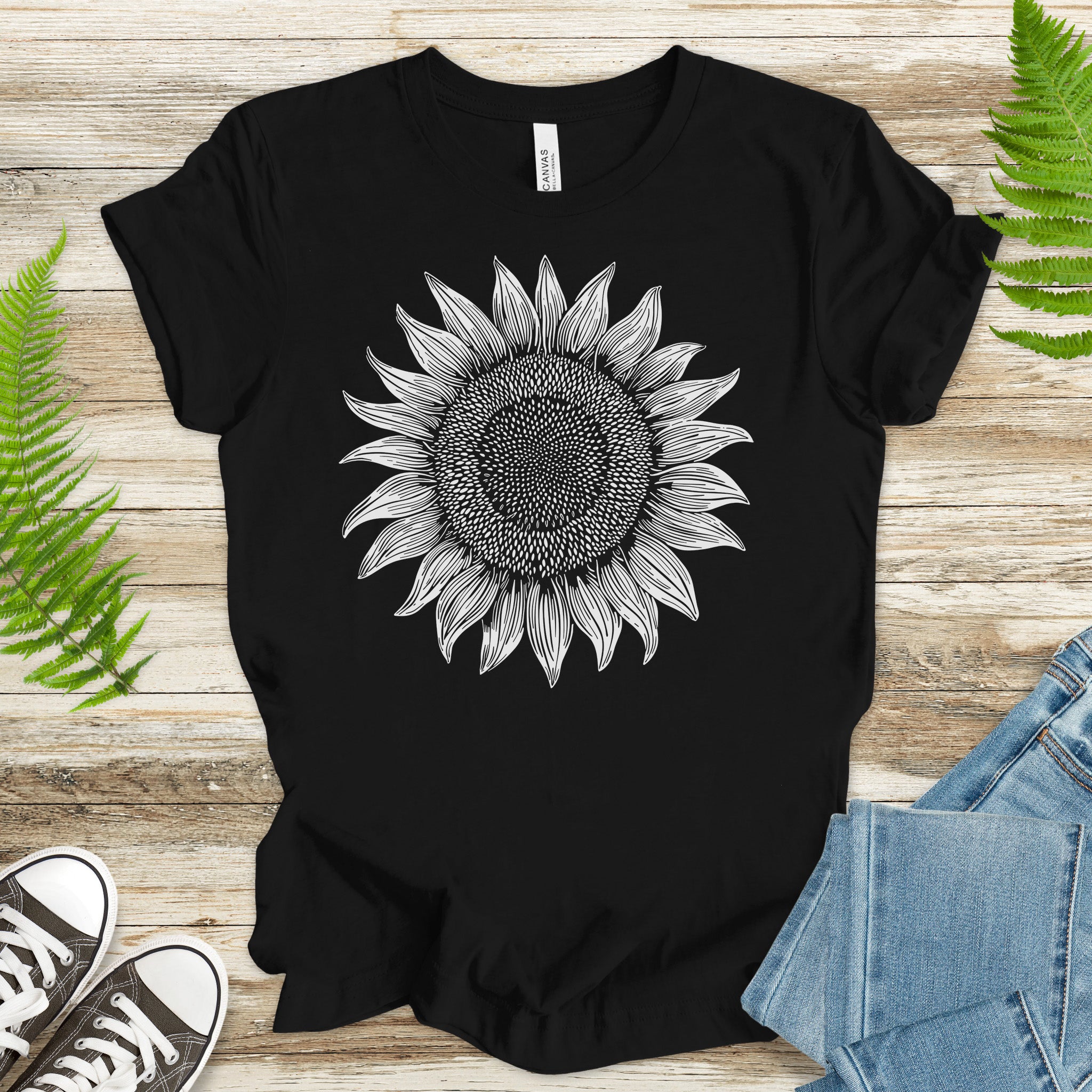 White Sunflower Sketch T-Shirt – Vintage Floral Garden Lover Tee