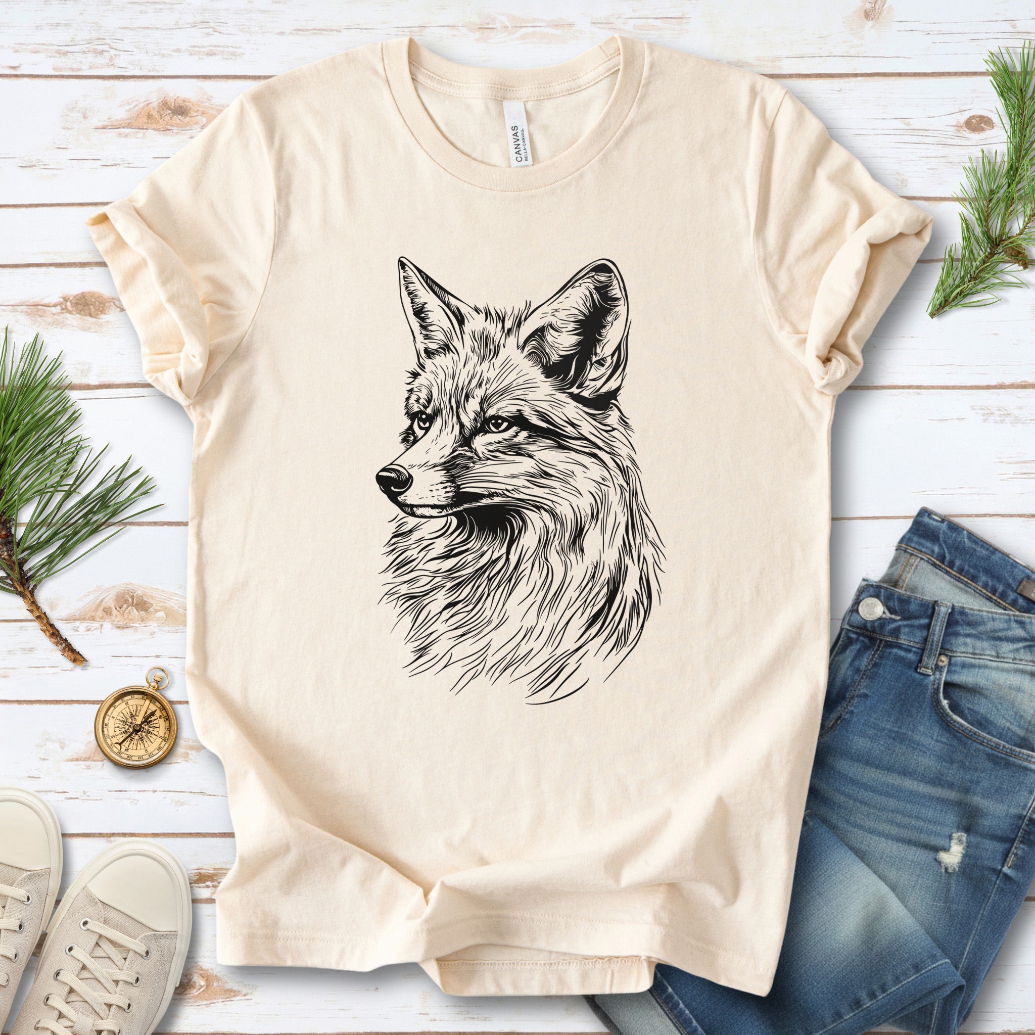 Fox Sketch T-Shirt – Realistic Black and White Design