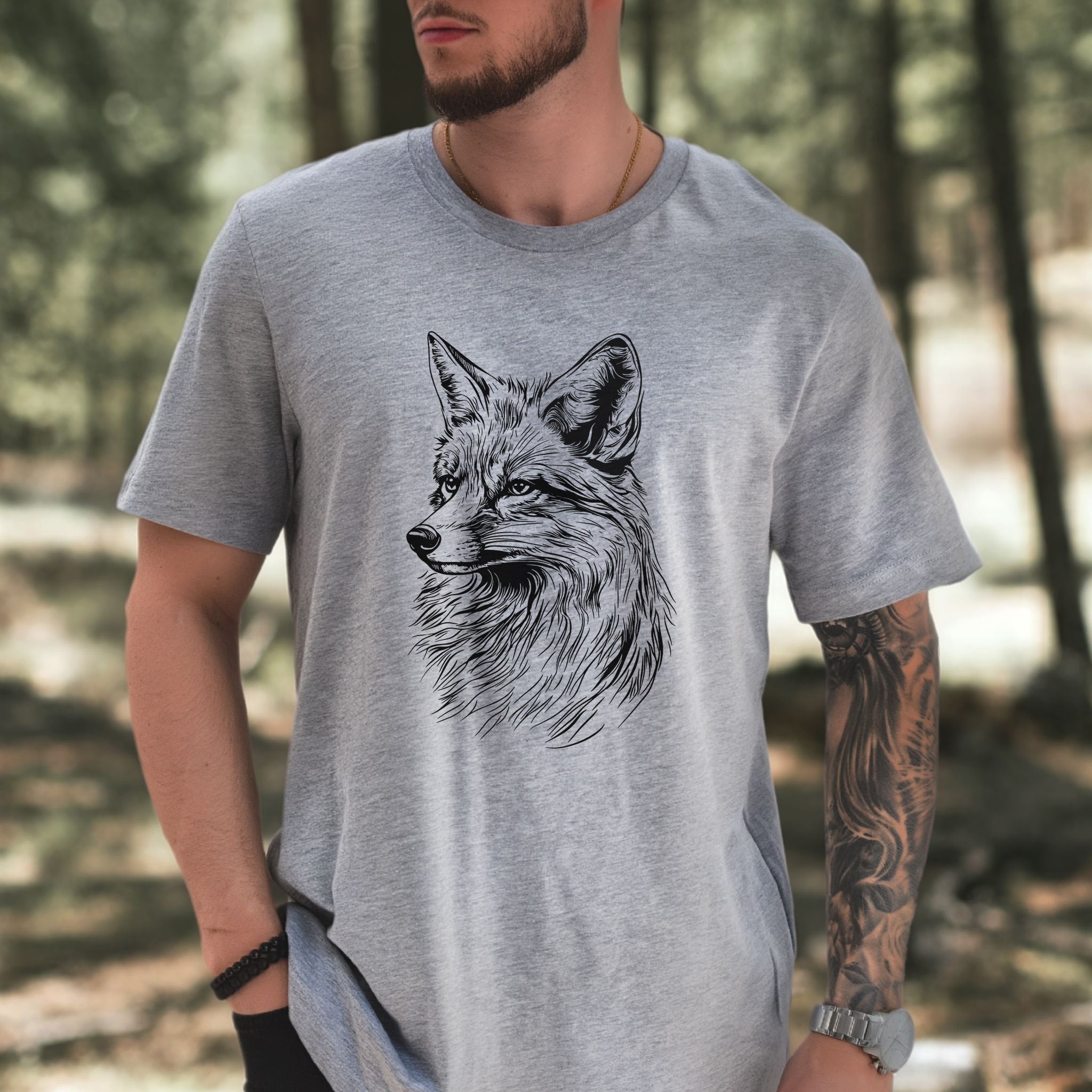 Fox Sketch T-Shirt – Realistic Black and White Design