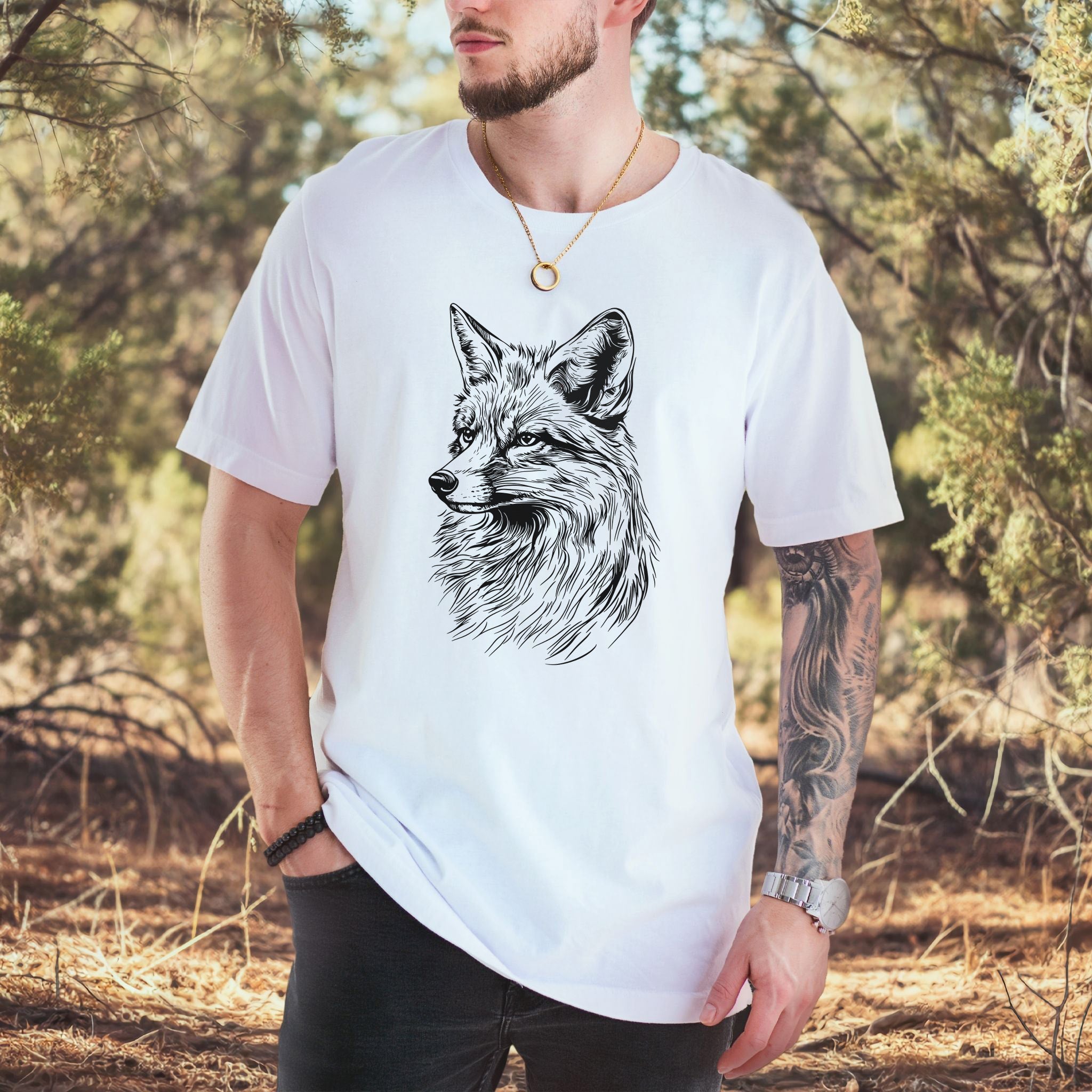 Fox Sketch T-Shirt – Realistic Black and White Design