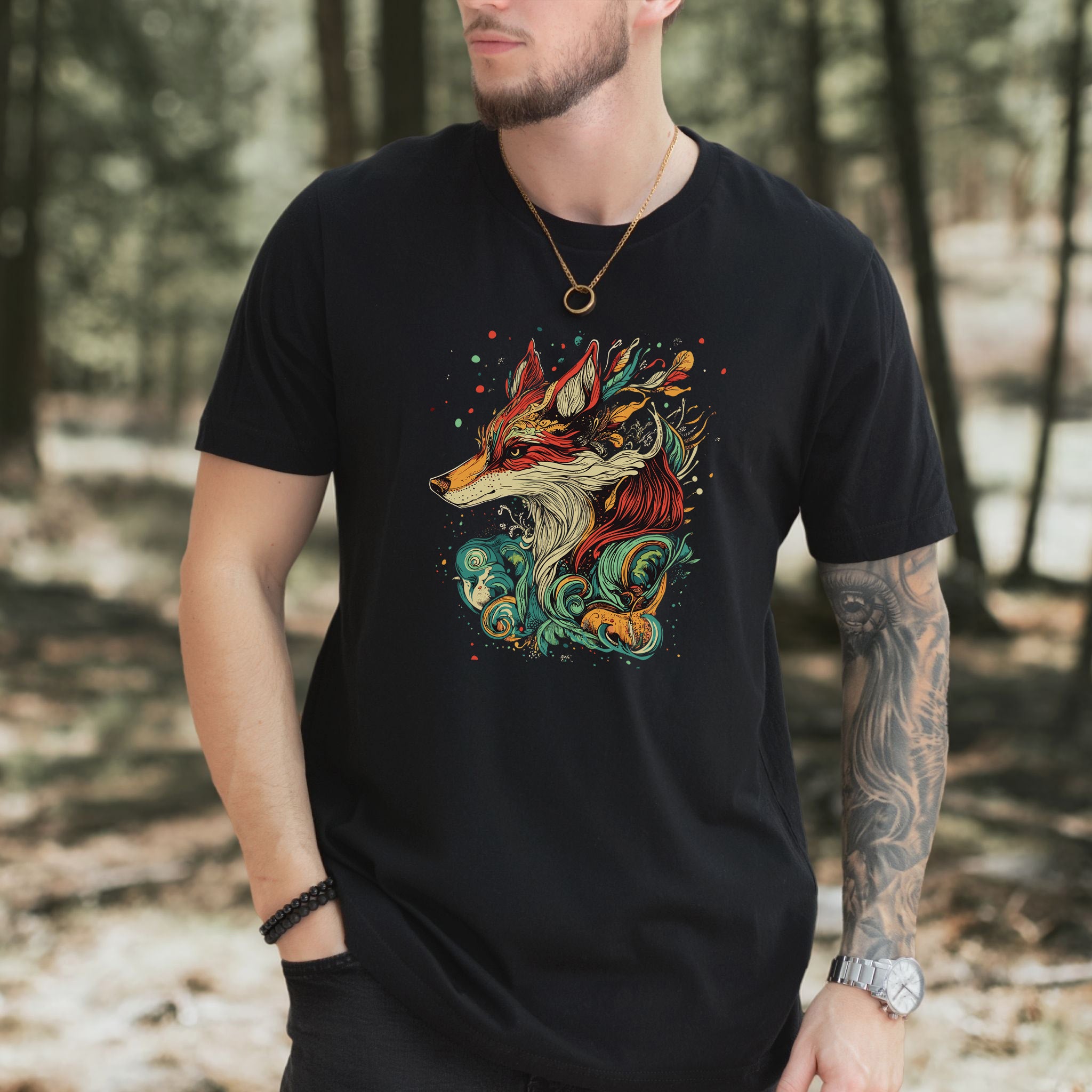 Fox in Vibrant Colors T-Shirt – Intricate and Artistic Design