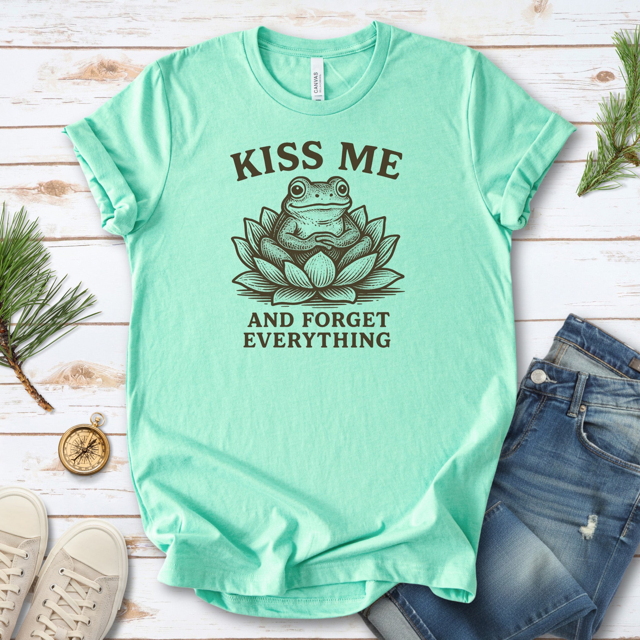 Kiss Me and Forget Everything Tee – Funny Frog in Lotus T-Shirt