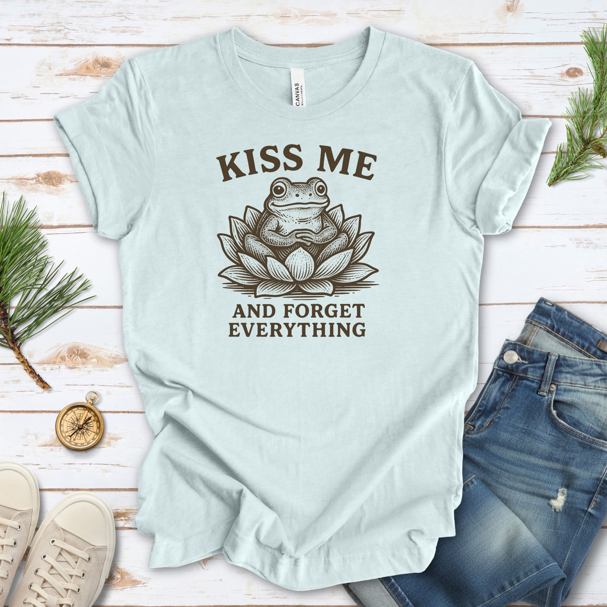 Kiss Me and Forget Everything Tee – Funny Frog in Lotus T-Shirt
