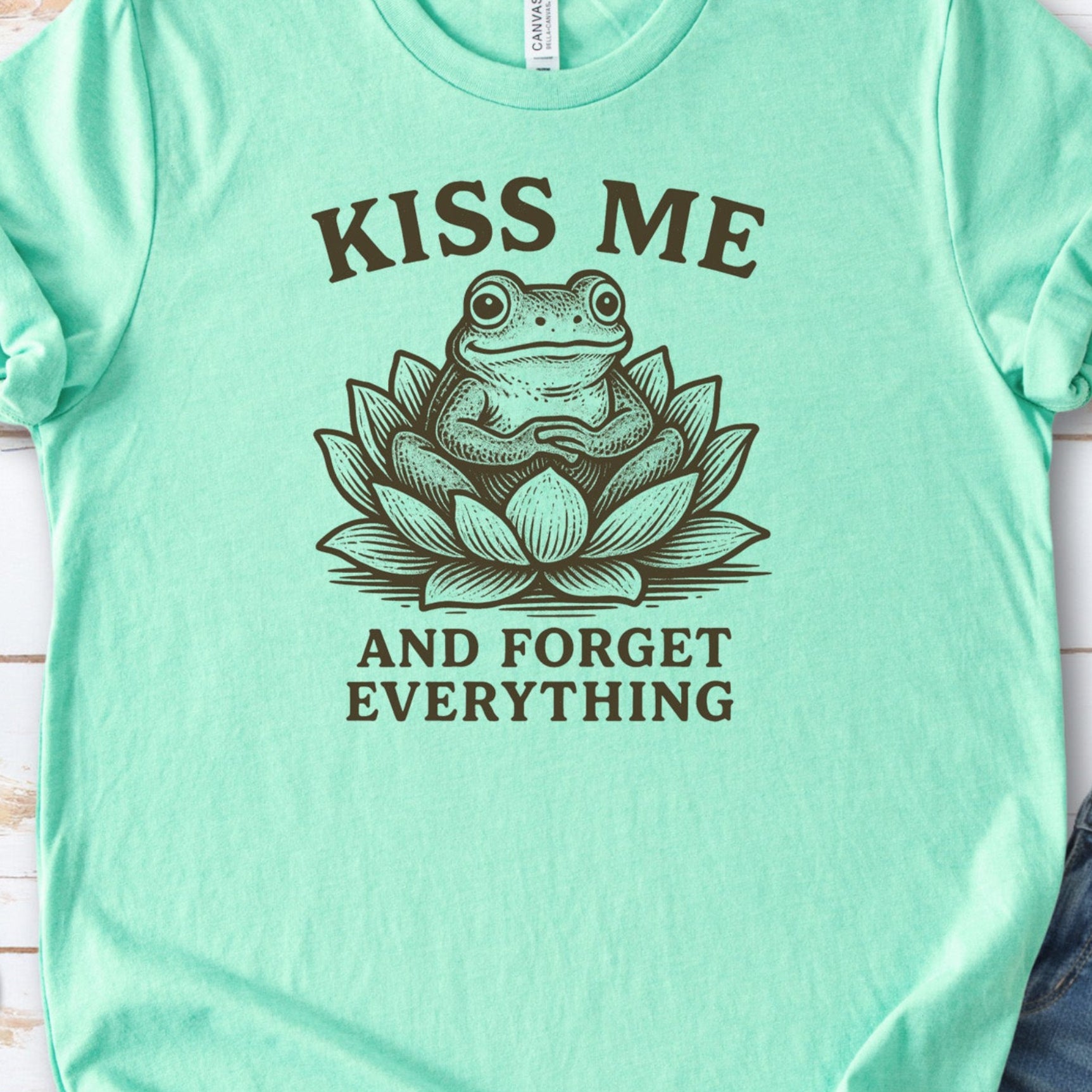 Kiss Me and Forget Everything Tee – Funny Frog in Lotus T-Shirt