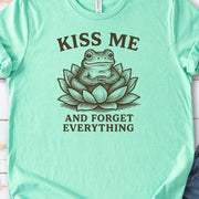Kiss Me and Forget Everything Tee – Funny Frog in Lotus T-Shirt