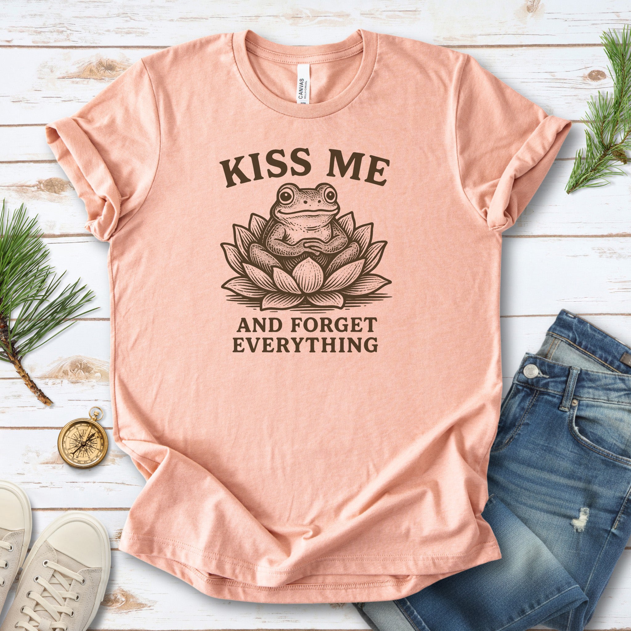 Kiss Me and Forget Everything Tee – Funny Frog in Lotus T-Shirt