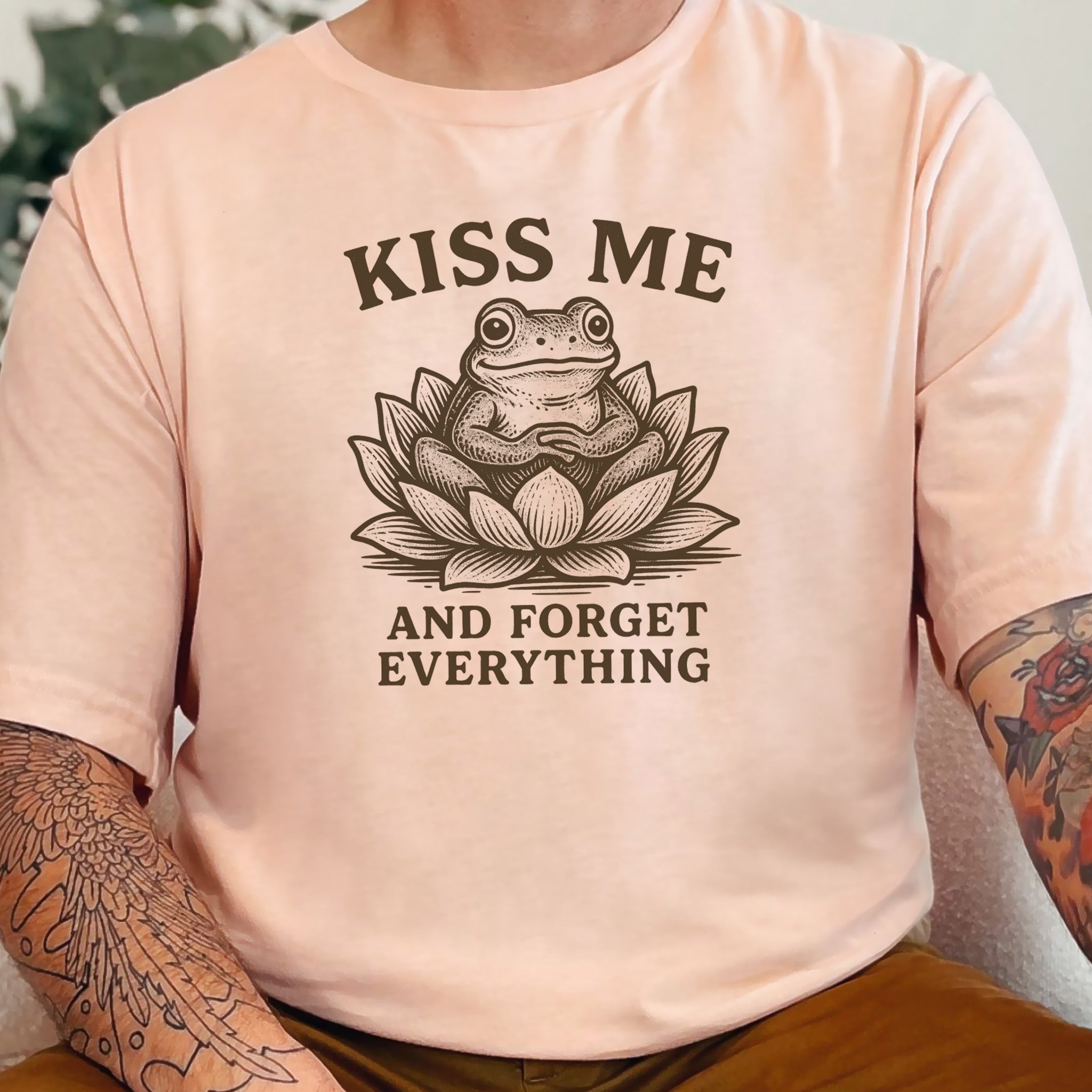 Kiss Me and Forget Everything Tee – Funny Frog in Lotus T-Shirt
