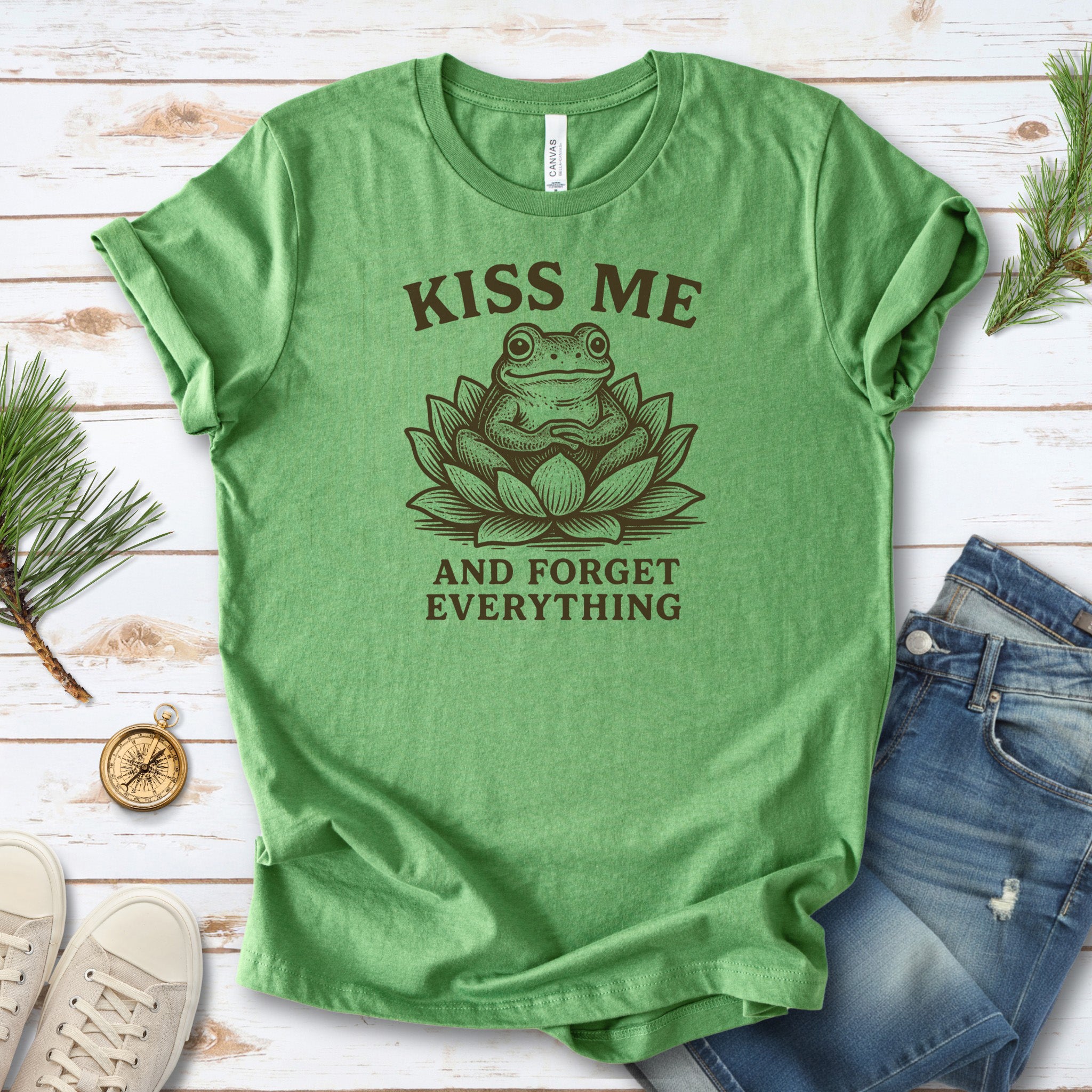Kiss Me and Forget Everything Tee – Funny Frog in Lotus T-Shirt