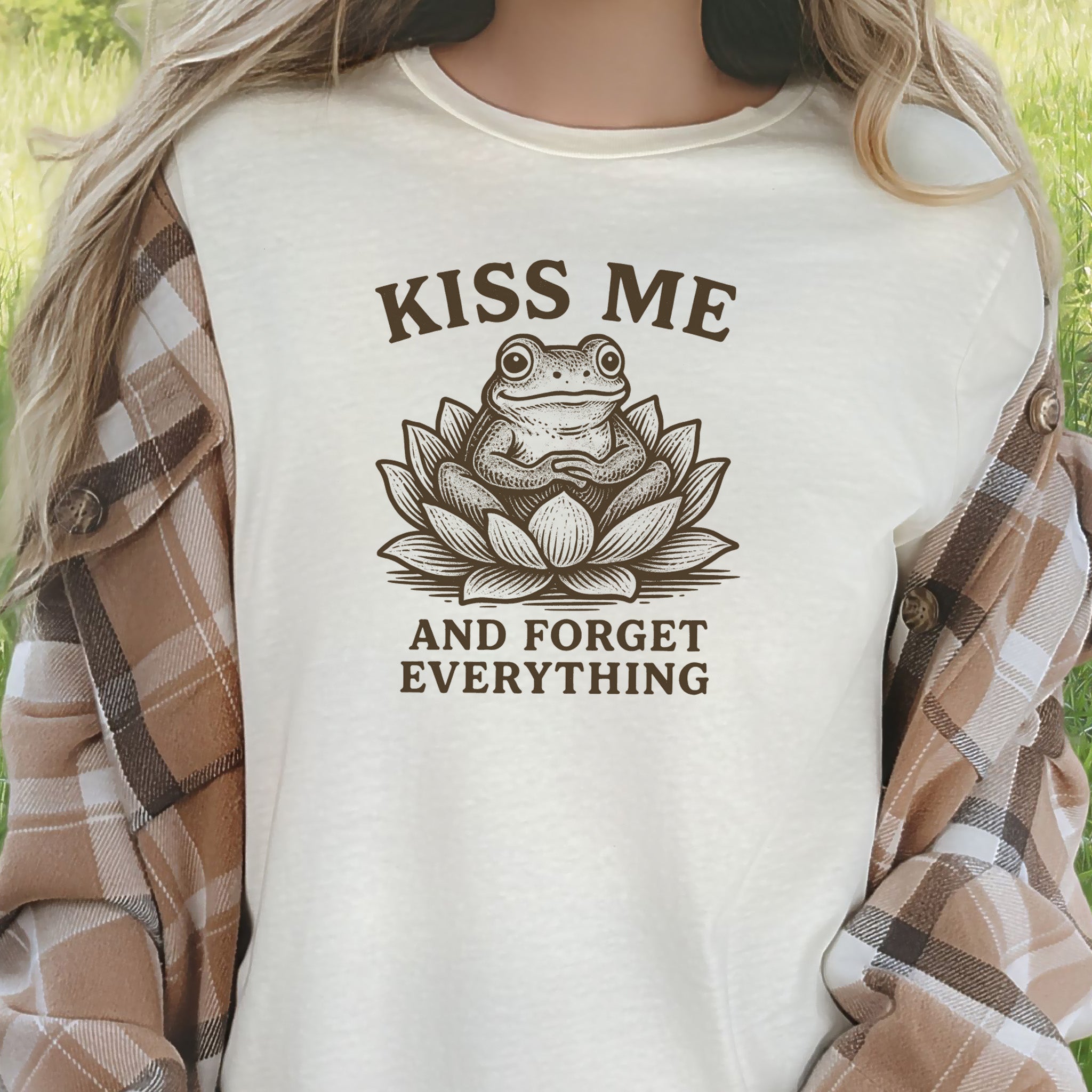 Kiss Me and Forget Everything Tee – Funny Frog in Lotus T-Shirt