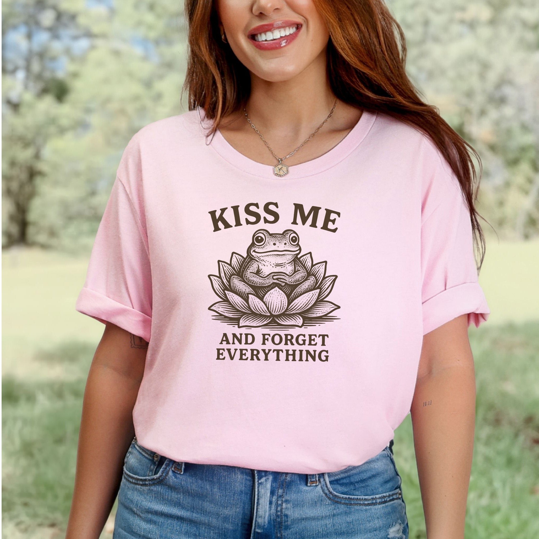 Kiss Me and Forget Everything Tee – Funny Frog in Lotus T-Shirt