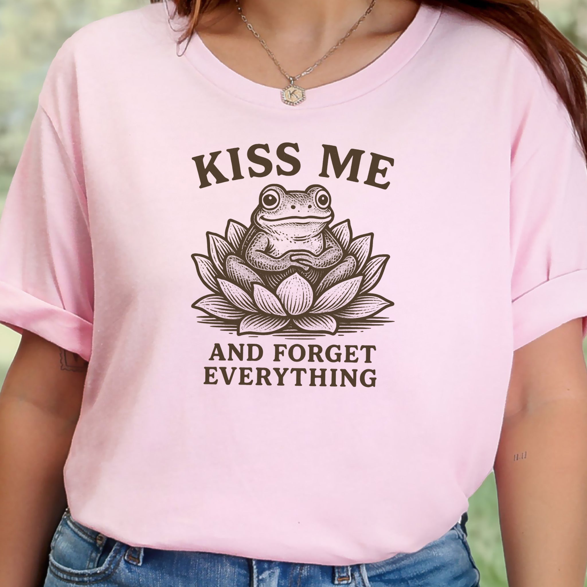 Kiss Me and Forget Everything Tee – Funny Frog in Lotus T-Shirt