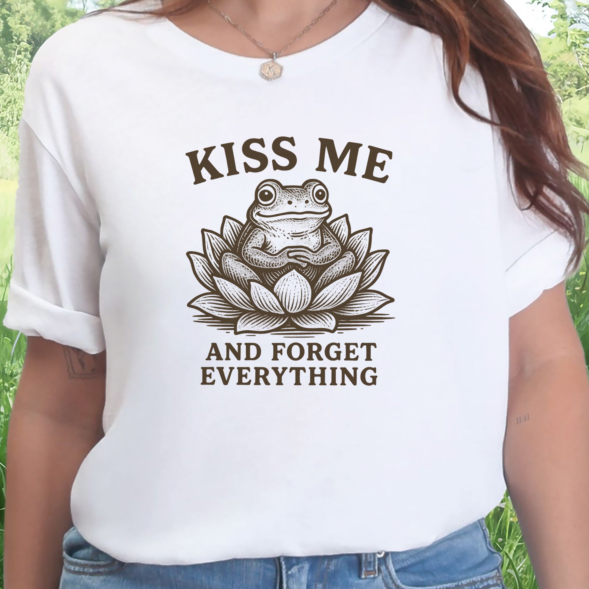 Kiss Me and Forget Everything Tee – Funny Frog in Lotus T-Shirt