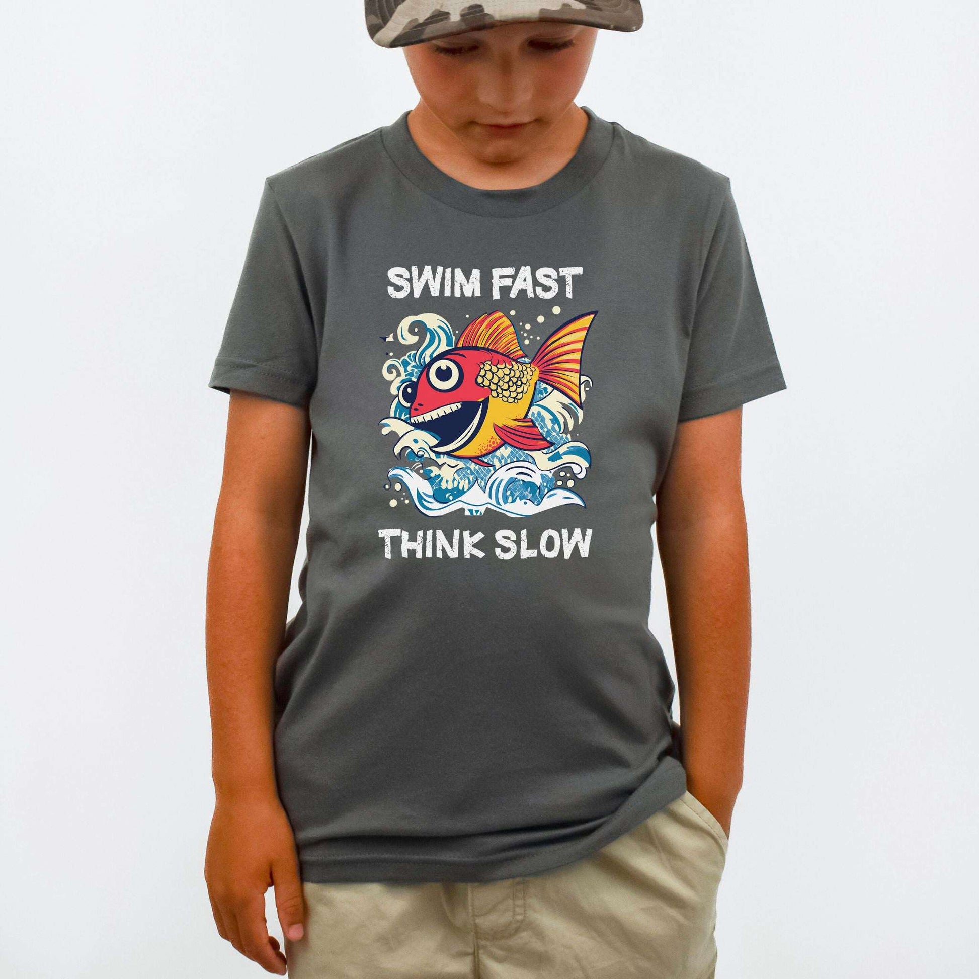 Swim Fast, Think Slow – Funny Fish Logic Youth Tee