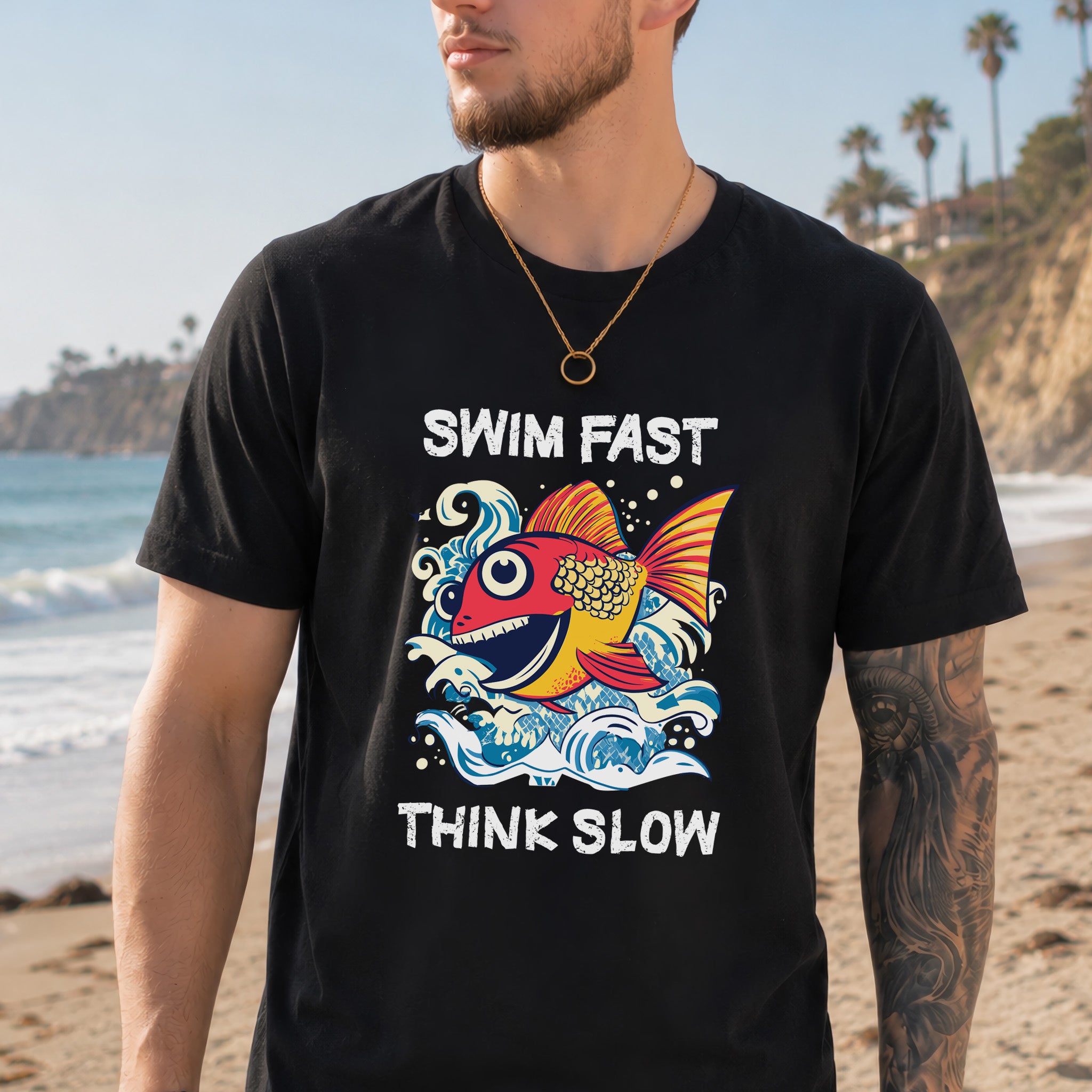 Swim Fast, Think Slow: Funny Fish T-Shirt