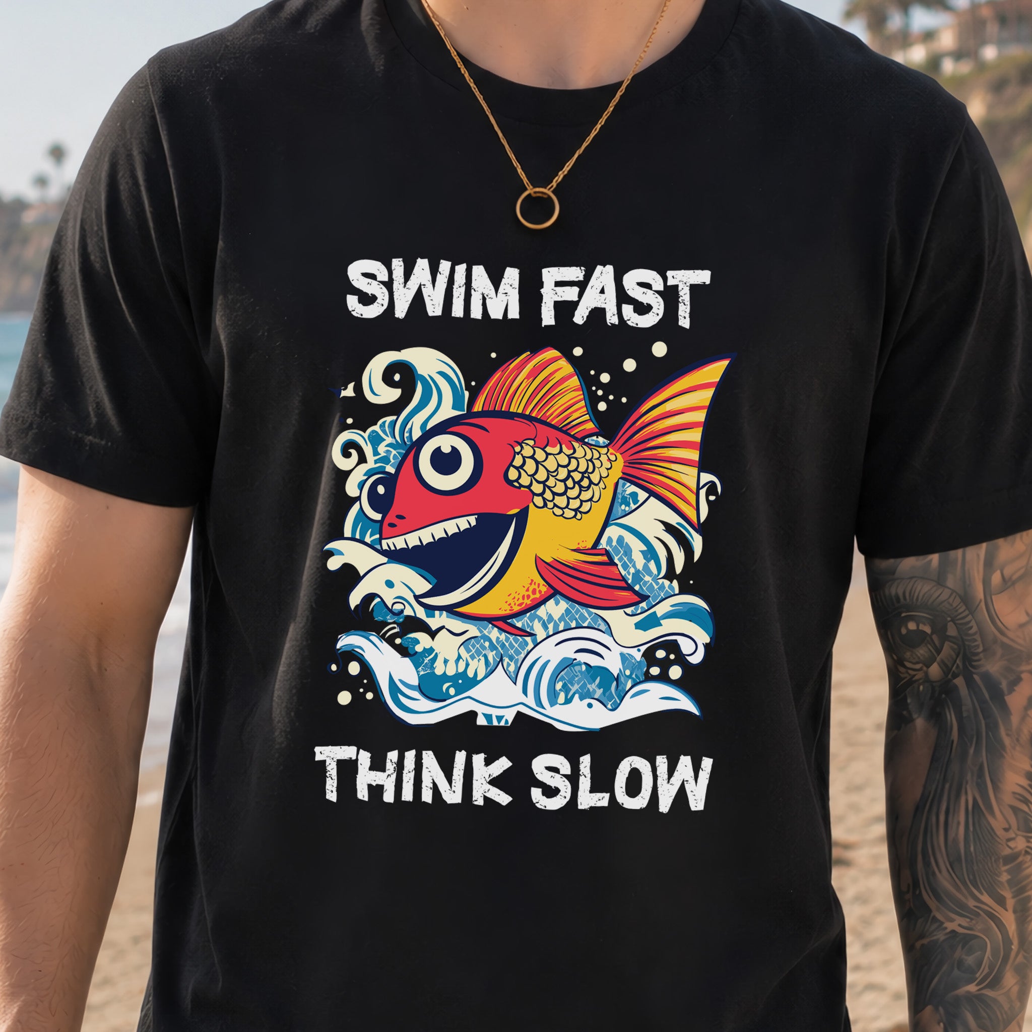 Swim Fast, Think Slow: Funny Fish T-Shirt