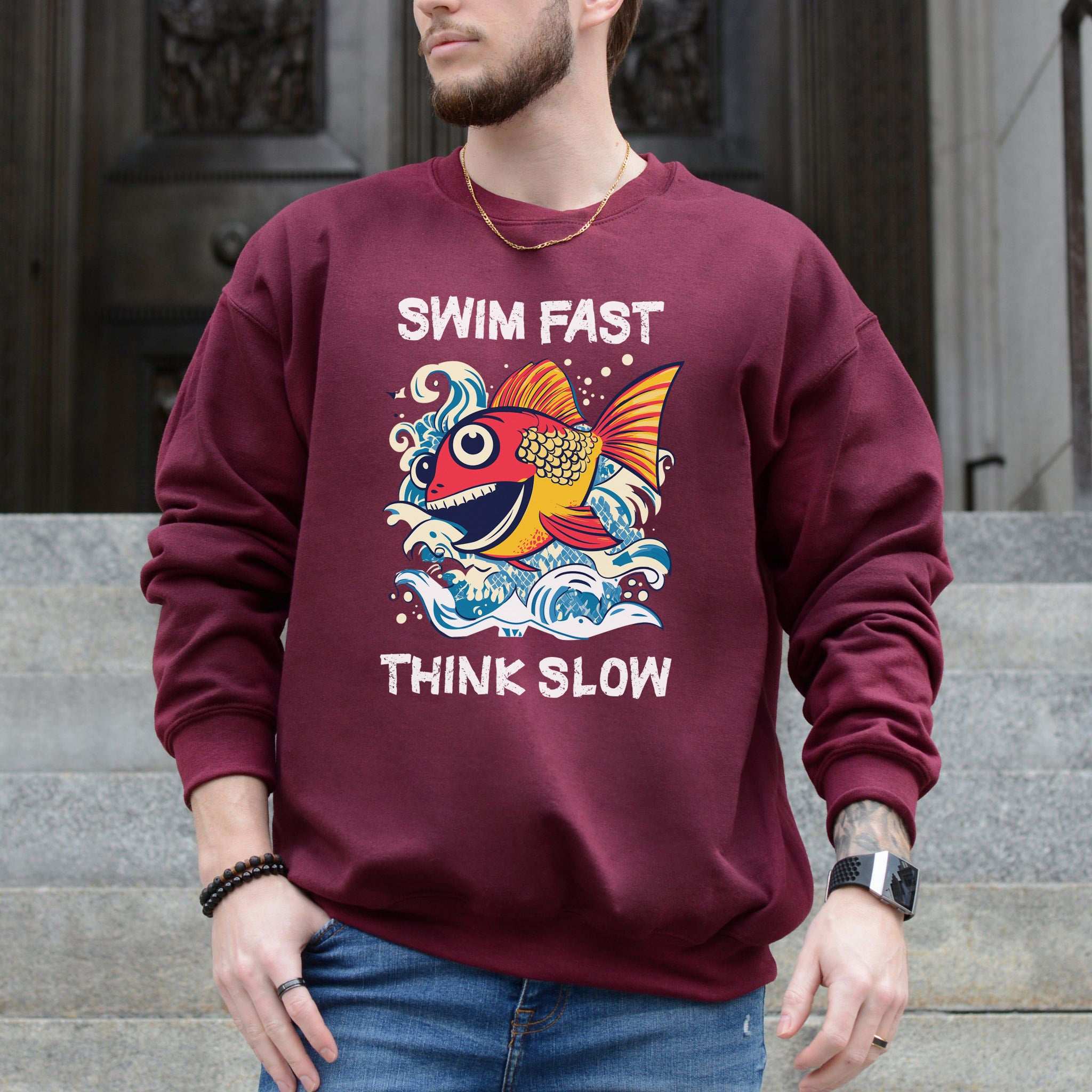 Swim Fast, Think Slow Sweatshirt – Aquatic Humor in Cozy Style