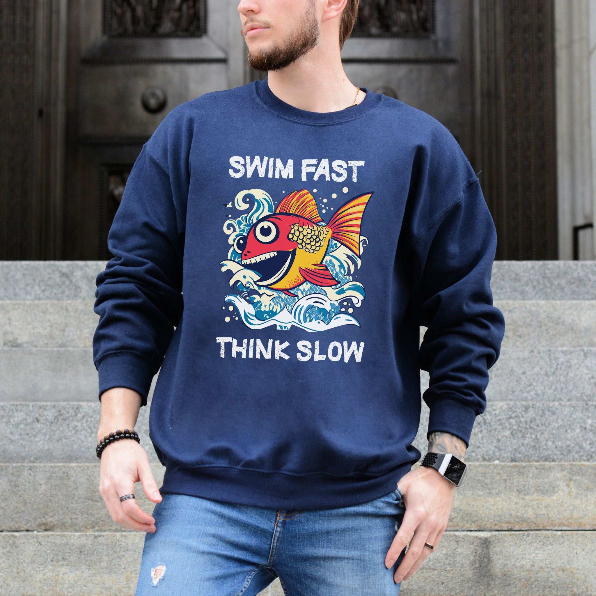 Swim Fast, Think Slow Sweatshirt – Aquatic Humor in Cozy Style
