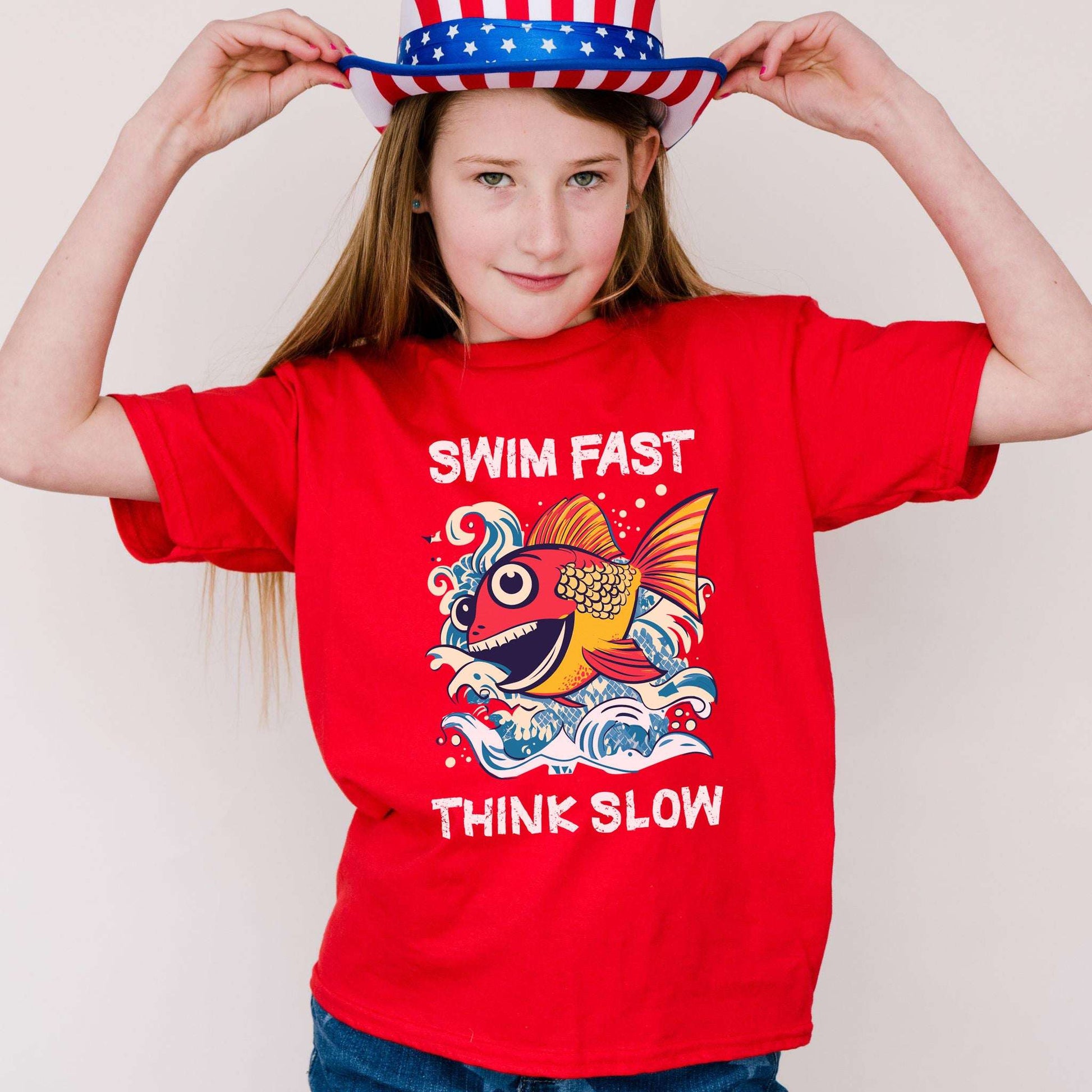 Swim Fast, Think Slow – Funny Fish Logic Youth Tee