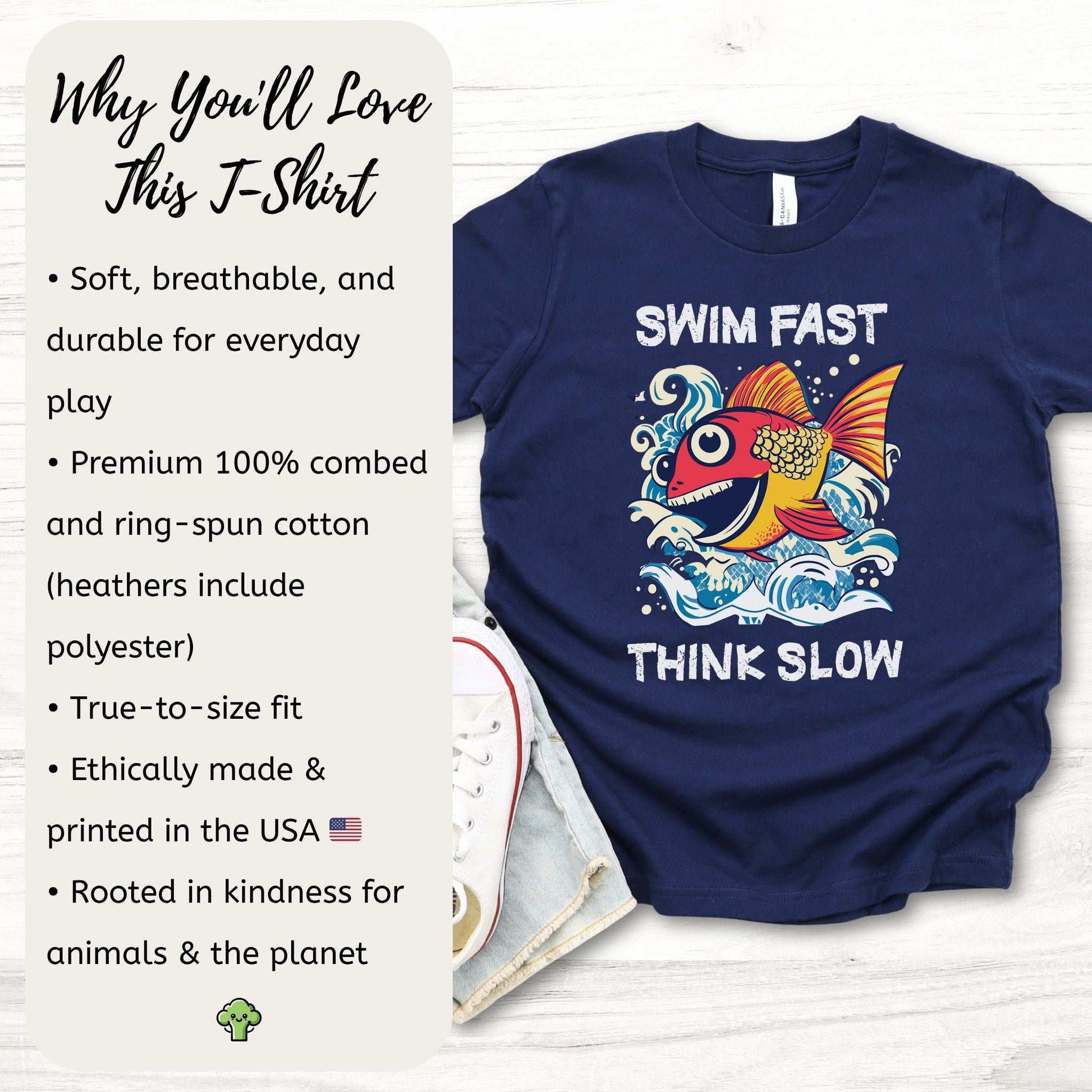 Swim Fast, Think Slow – Funny Fish Logic Youth Tee