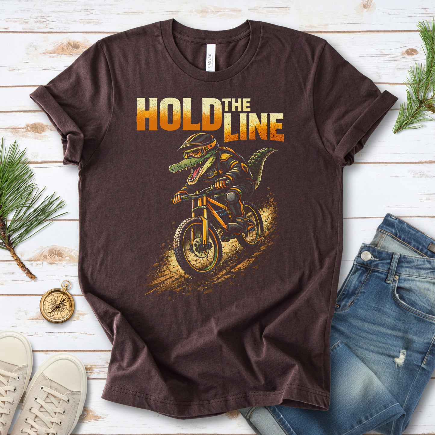 Hold The Line Retro Gator Mountain Biking Adventure T-Shirt