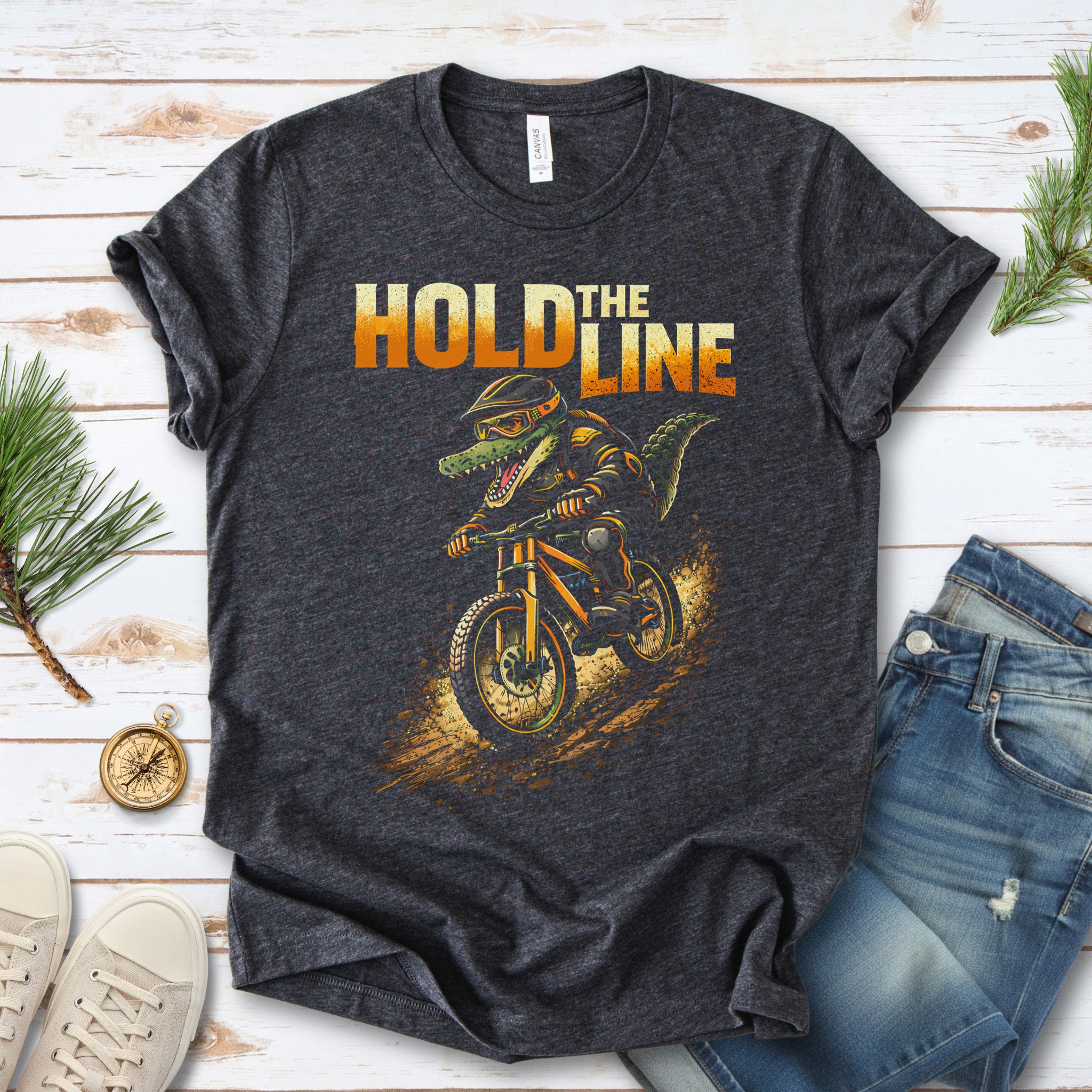 Hold The Line Retro Gator Mountain Biking Adventure T-Shirt
