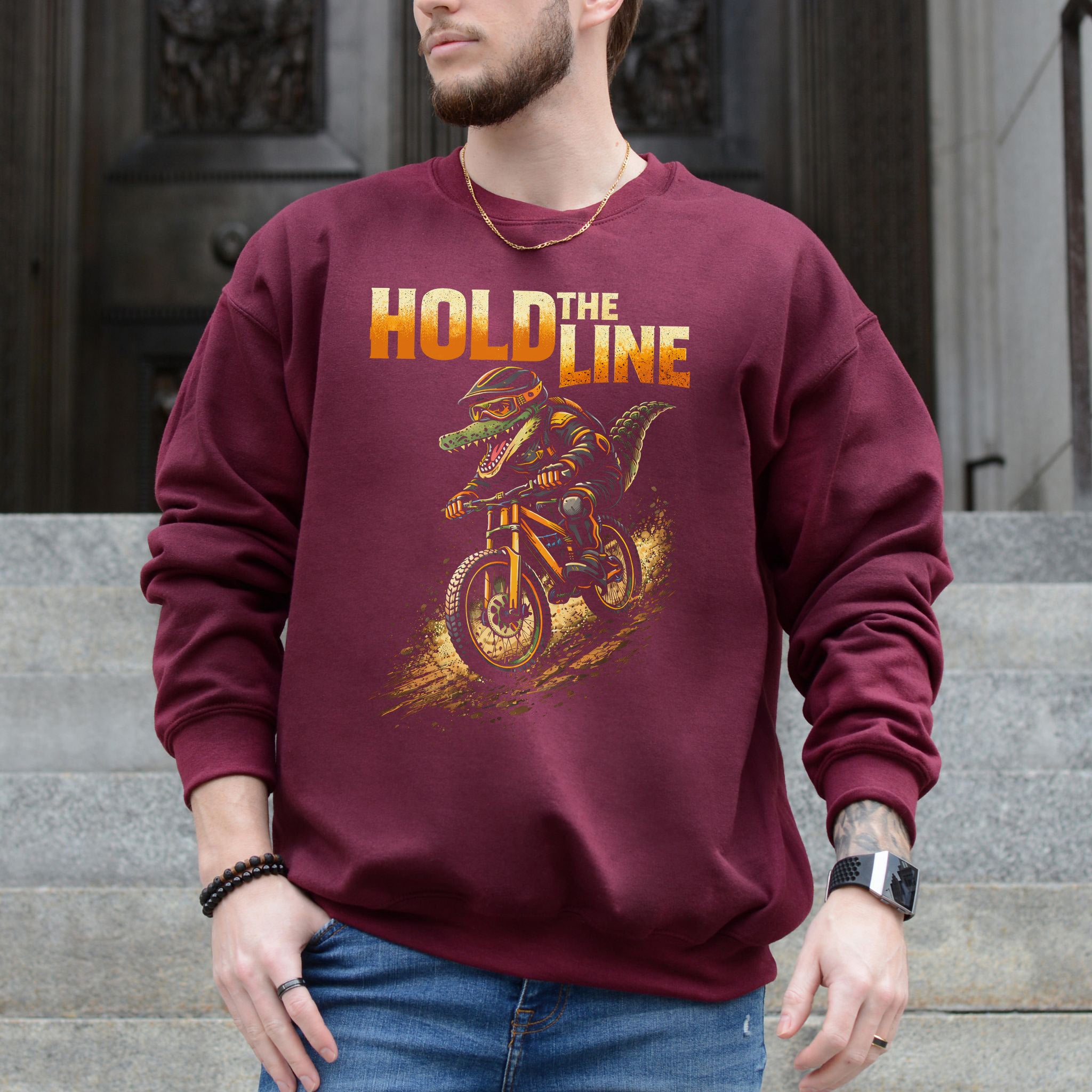 Hold The Line Retro Gator Mountain Biking Adventure Sweatshirt