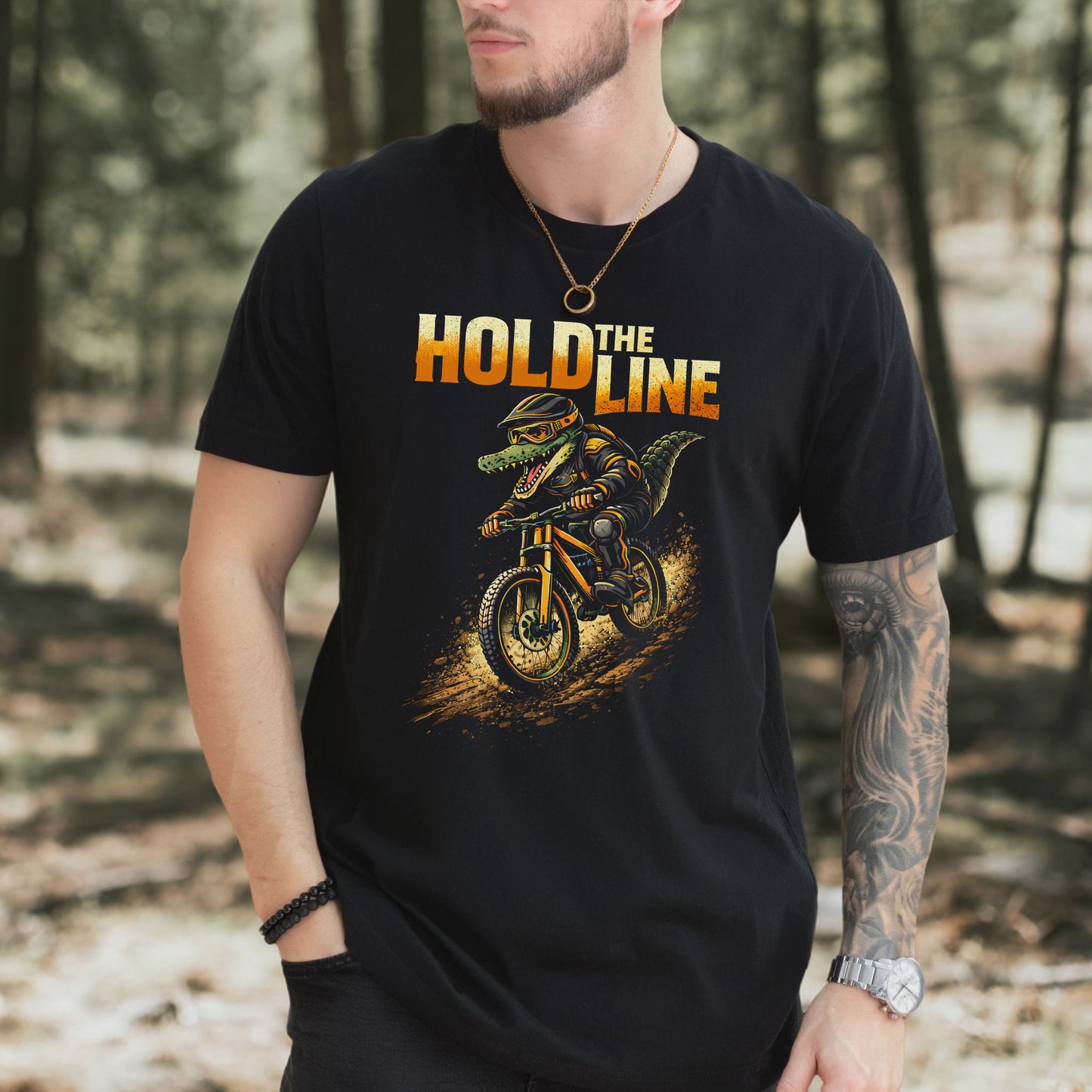 Hold The Line Retro Gator Mountain Biking Adventure T-Shirt