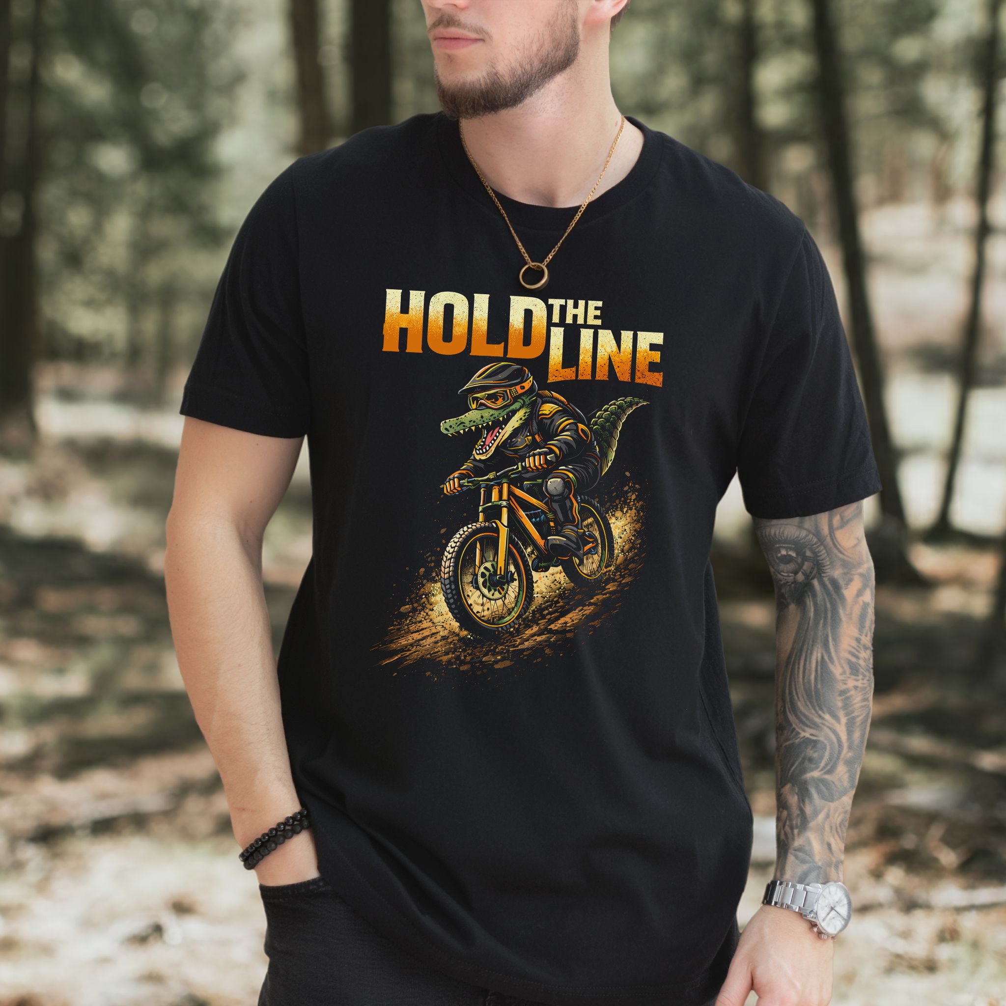Hold The Line Retro Gator Mountain Biking Adventure T-Shirt
