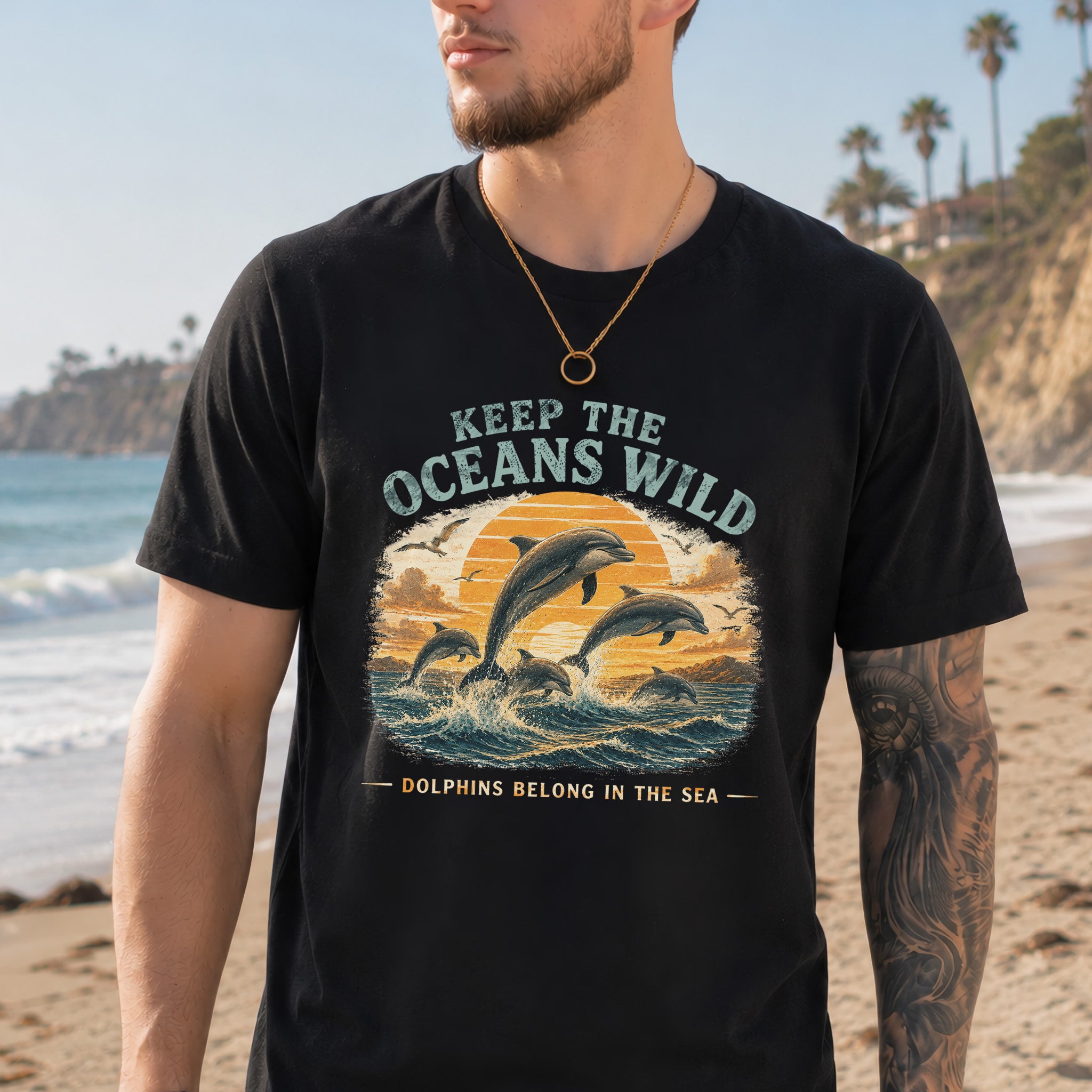 Keep the Oceans Wild Dolphin Ocean Conservation Retro Sea Life T-Shirt