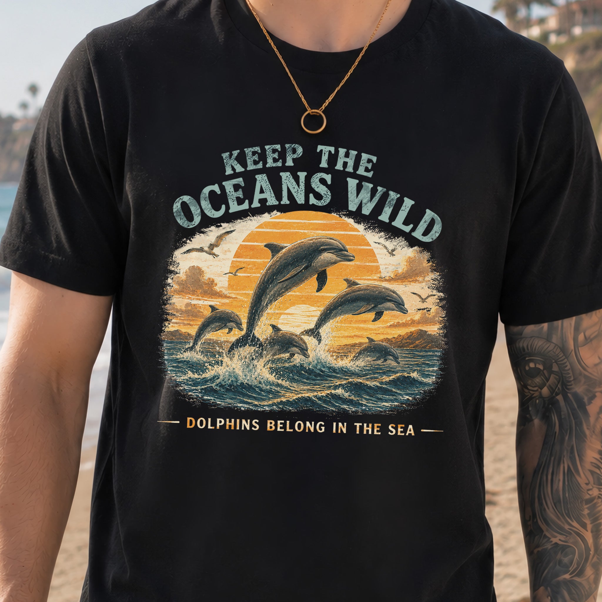 Keep the Oceans Wild Dolphin Ocean Conservation Retro Sea Life T-Shirt