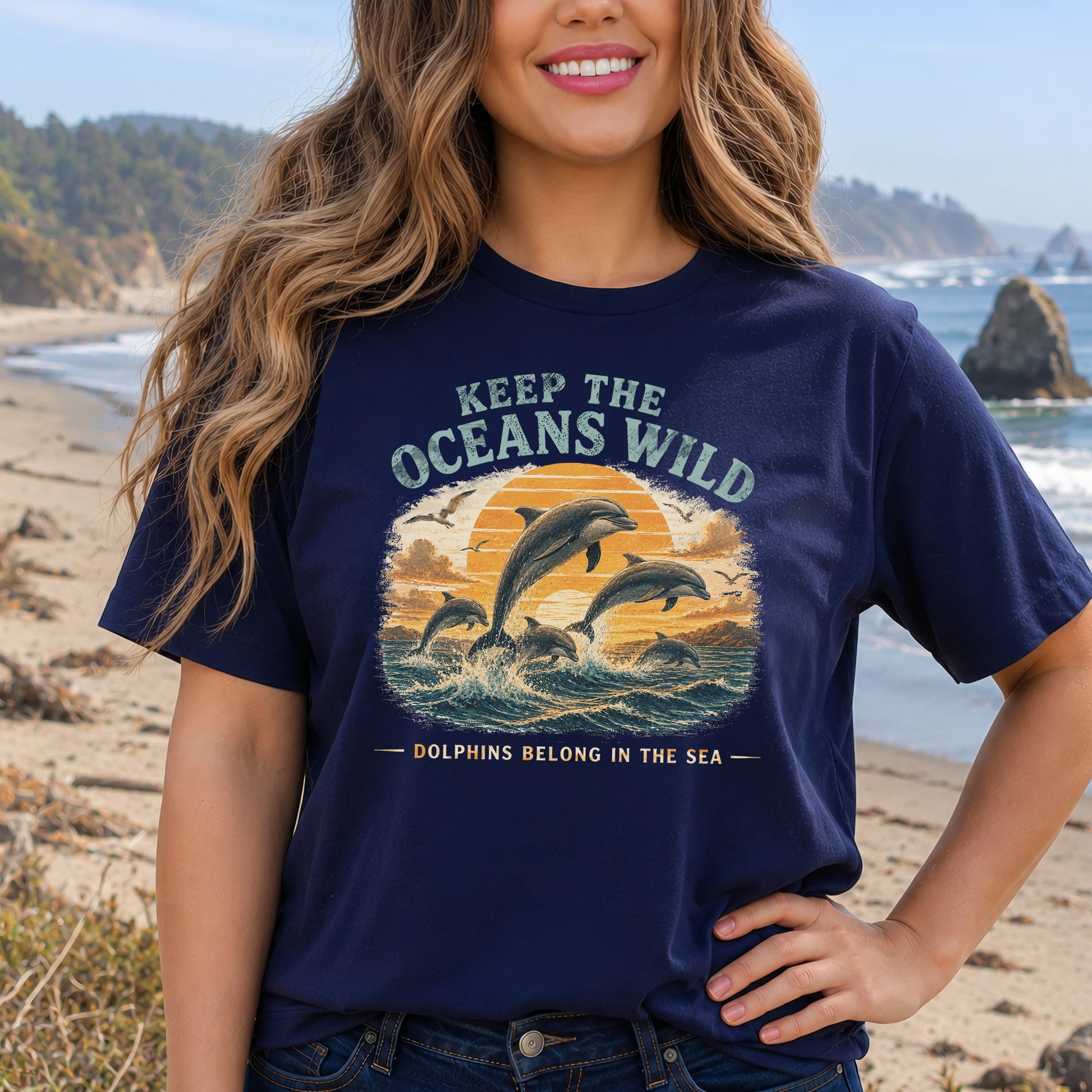 Keep the Oceans Wild Dolphin Ocean Conservation Retro Sea Life T-Shirt