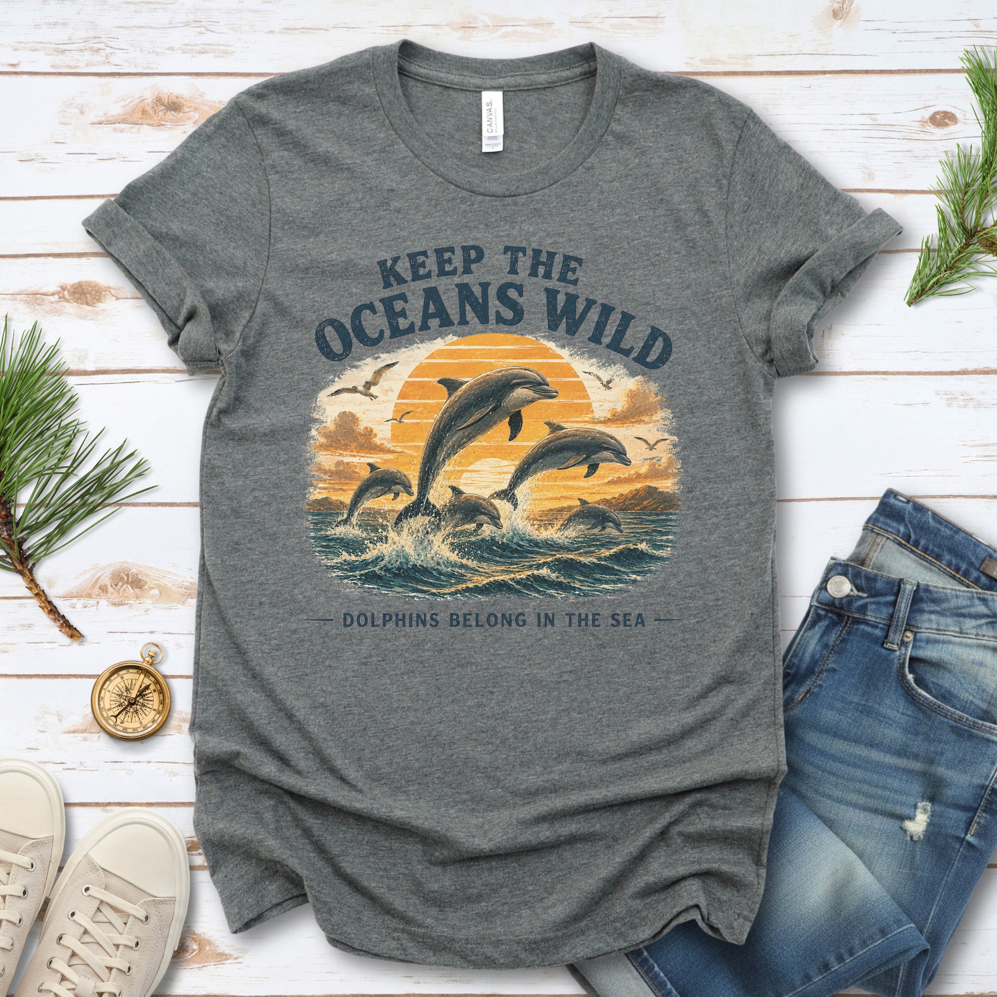 Keep the Oceans Wild Dolphin Ocean Conservation Retro Sea Life T-Shirt