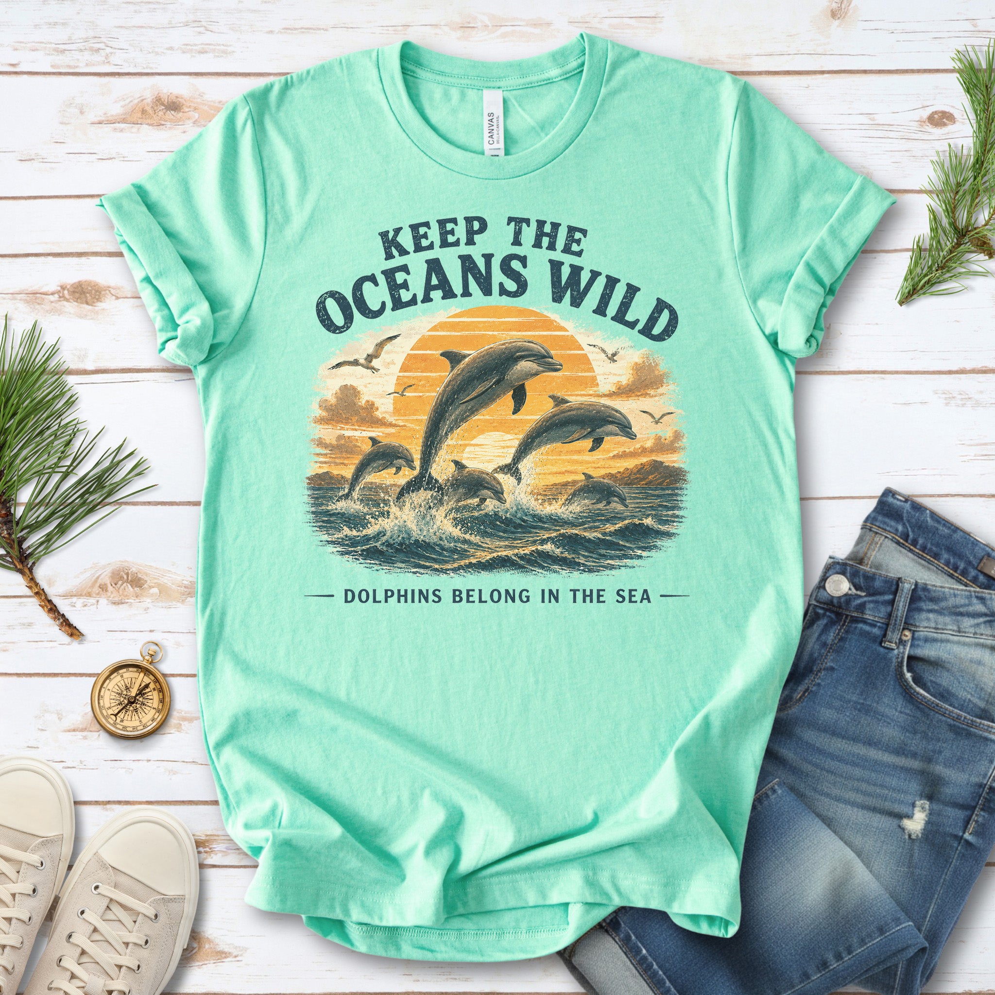 Keep the Oceans Wild Dolphin Ocean Conservation Retro Sea Life T-Shirt