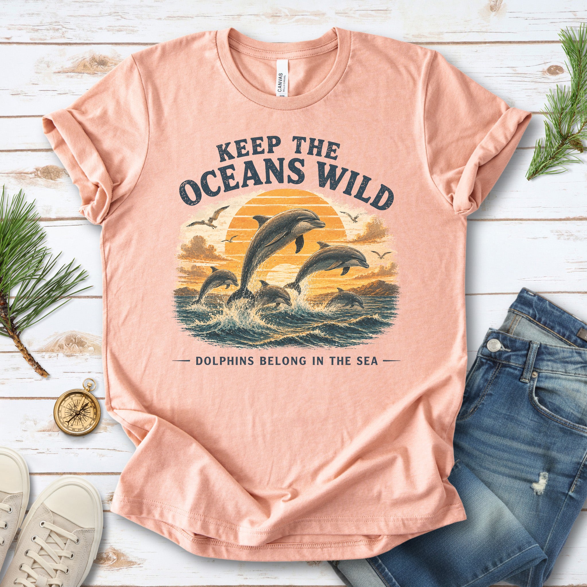 Keep the Oceans Wild Dolphin Ocean Conservation Retro Sea Life T-Shirt