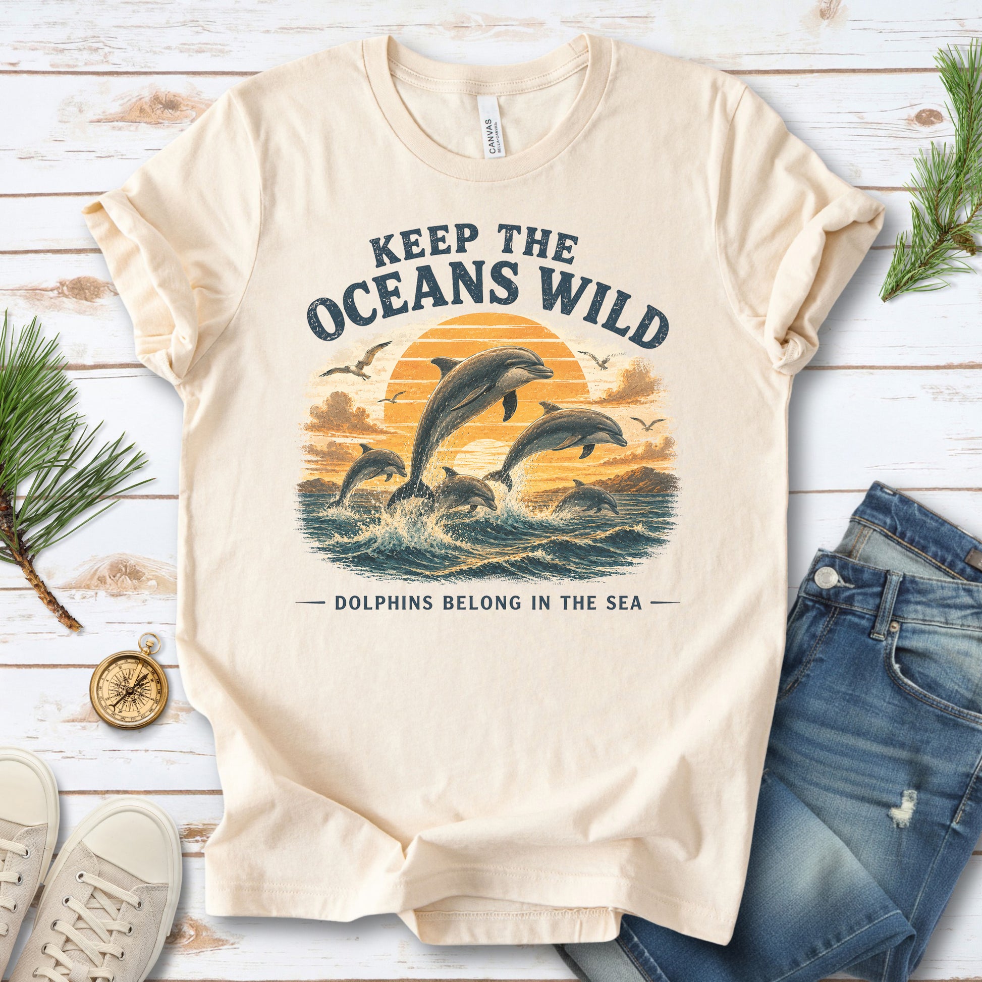 Keep the Oceans Wild Dolphin Ocean Conservation Retro Sea Life T-Shirt