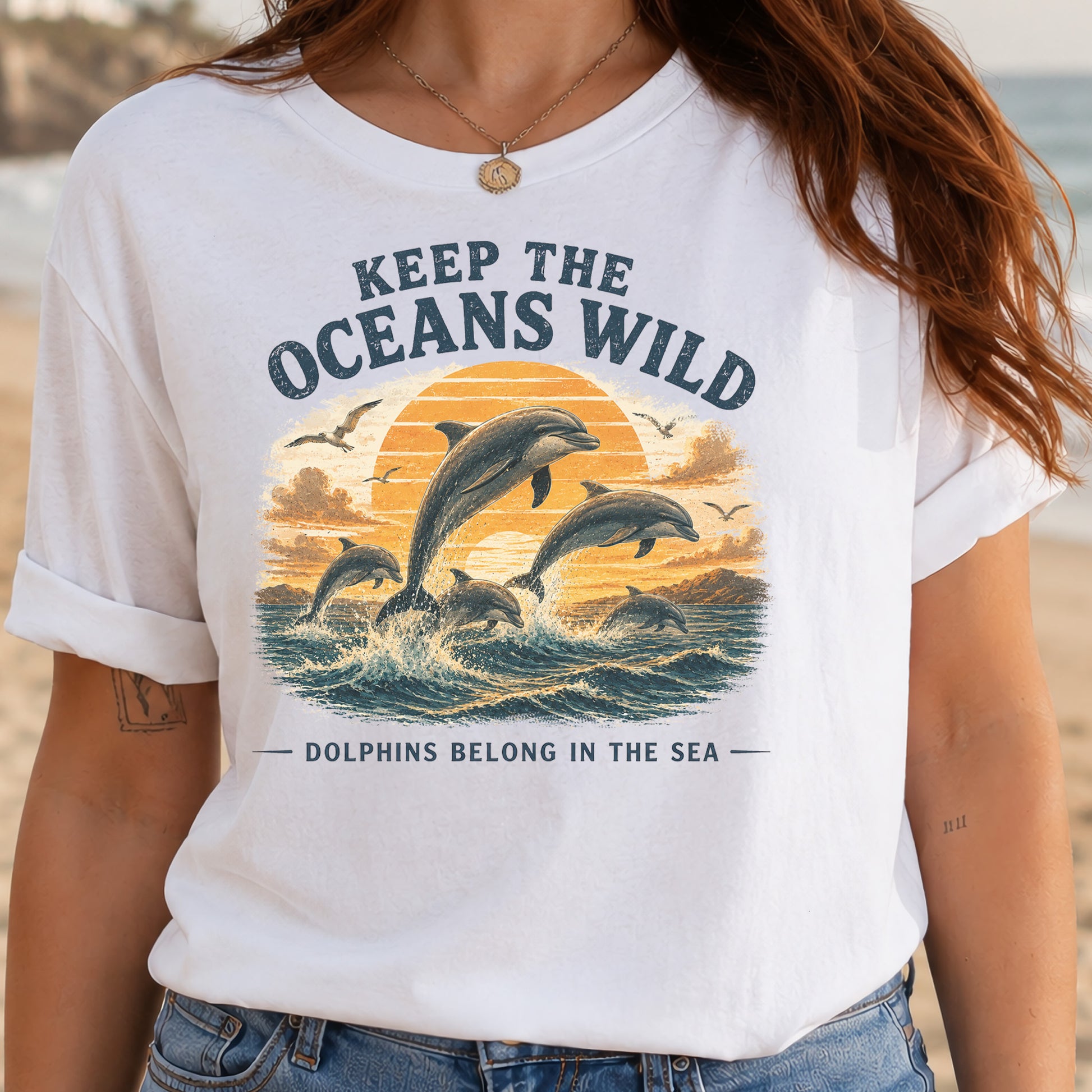 Keep the Oceans Wild Dolphin Ocean Conservation Retro Sea Life T-Shirt