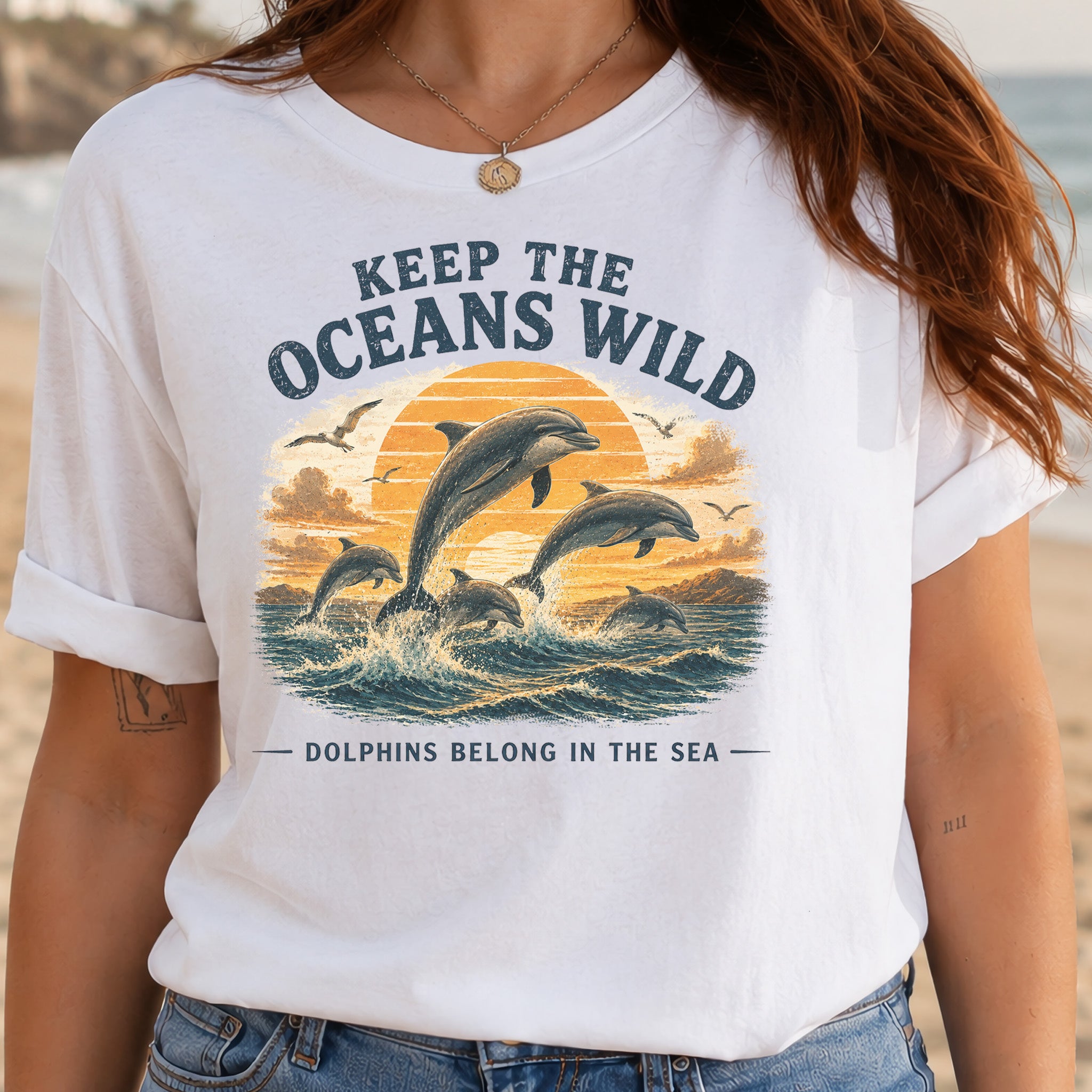 Keep the Oceans Wild Dolphin Ocean Conservation Retro Sea Life T-Shirt