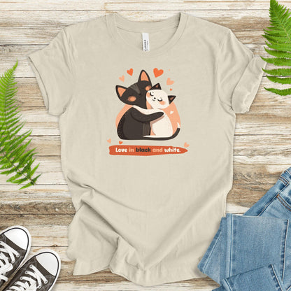 Cute Hugging Cats T-Shirt Love in Black & White - TShirtree