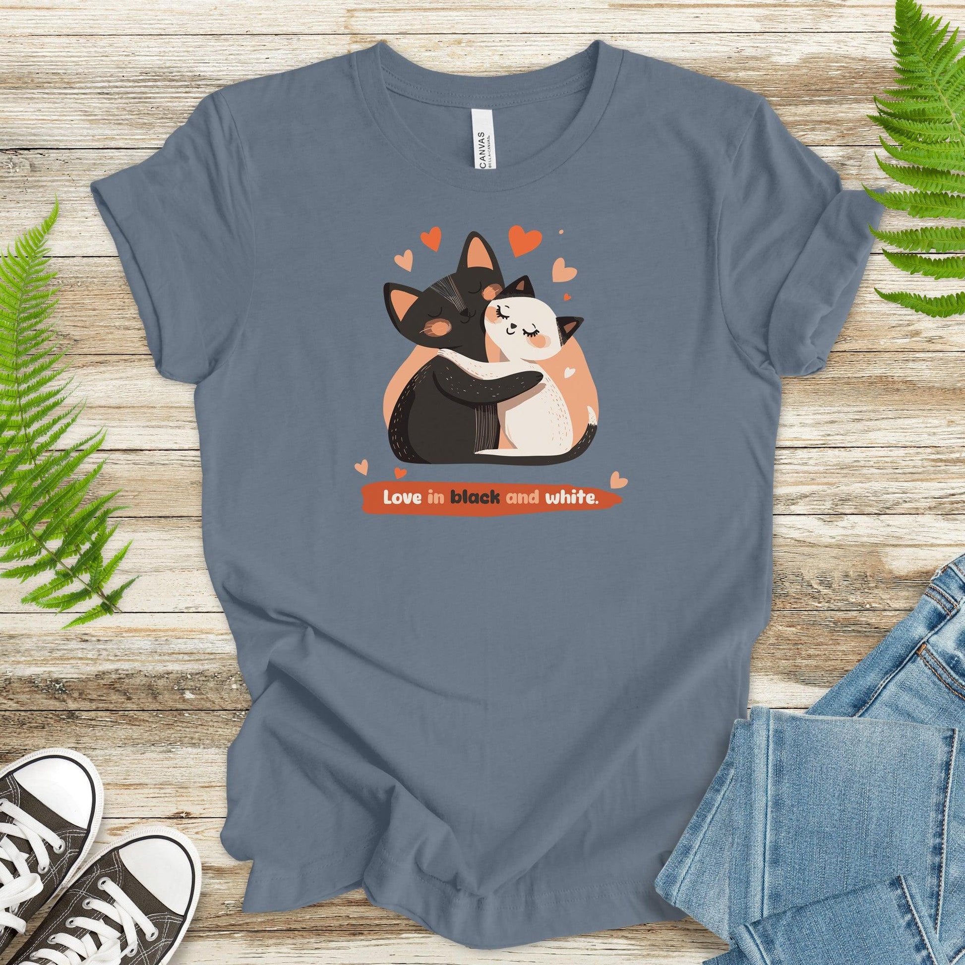 Cute Hugging Cats T-Shirt Love in Black & White - TShirtree