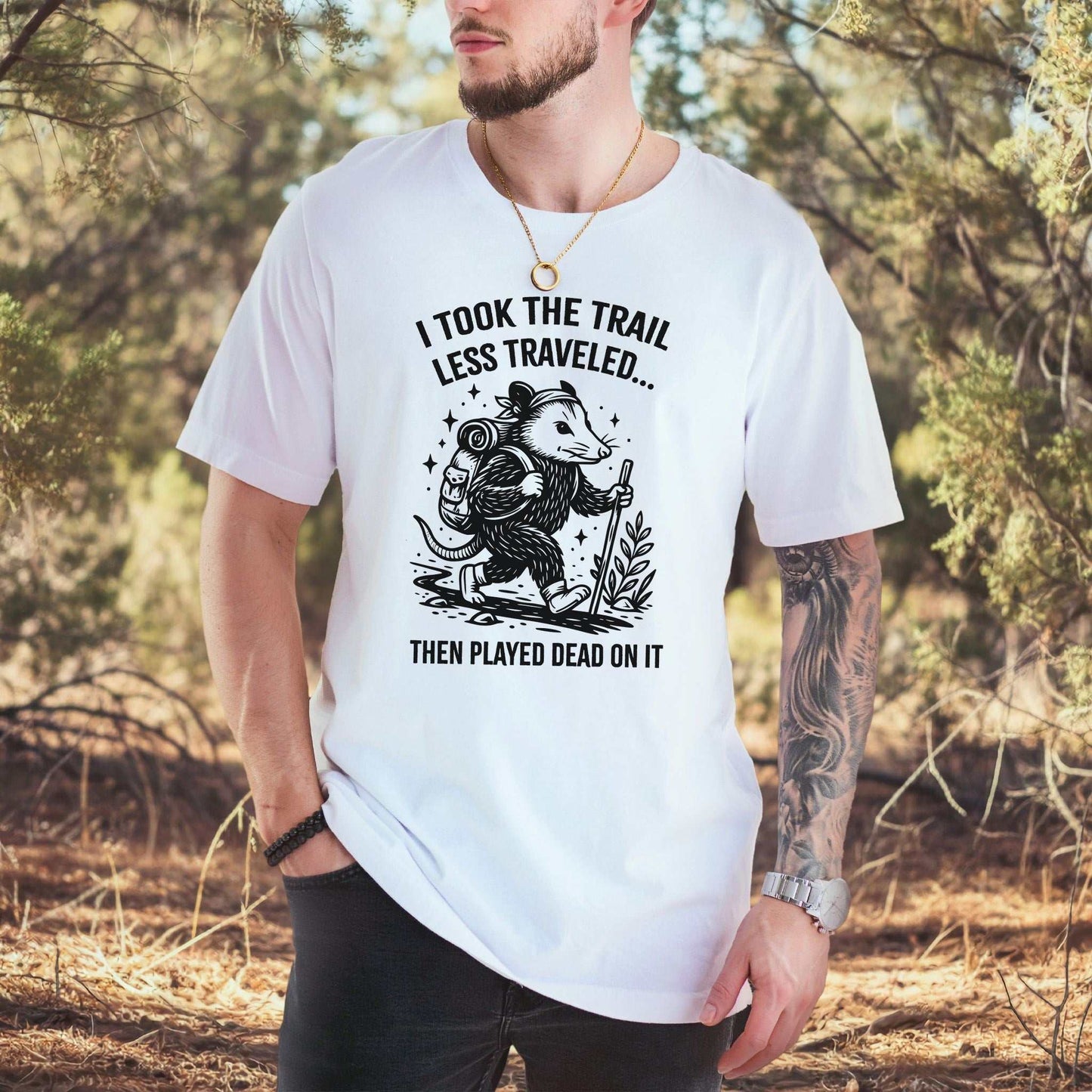 Opossum Less Traveled T-Shirt – Funny Hiking Possum Adventure Tee