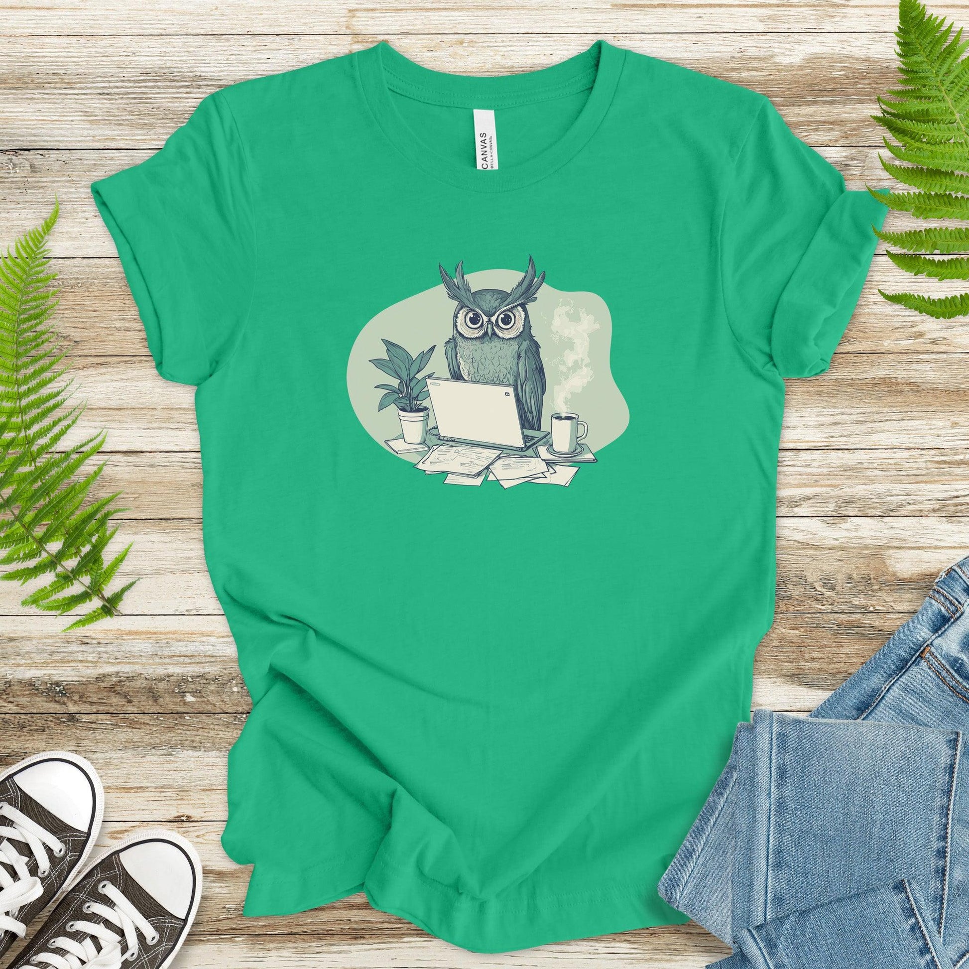 Owl with Laptop and Coffee T-Shirt - TShirtree