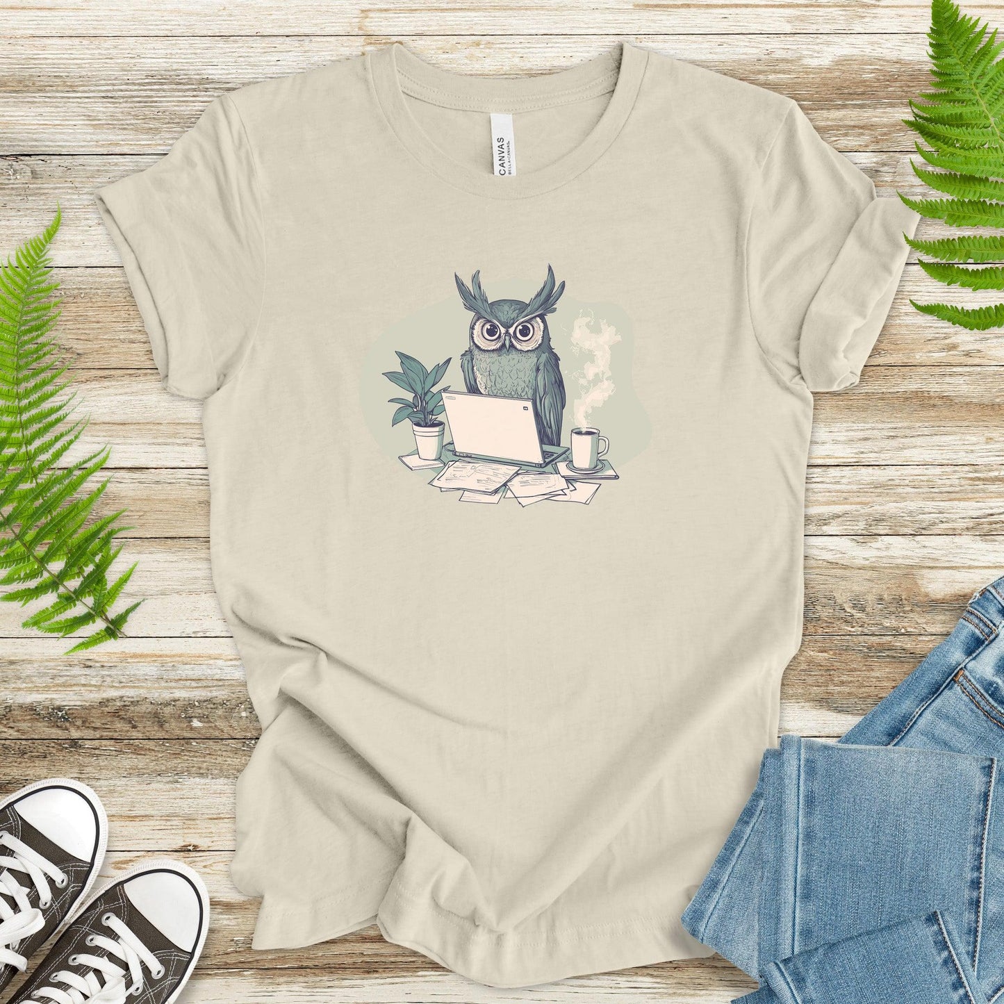 Owl with Laptop and Coffee T-Shirt - TShirtree