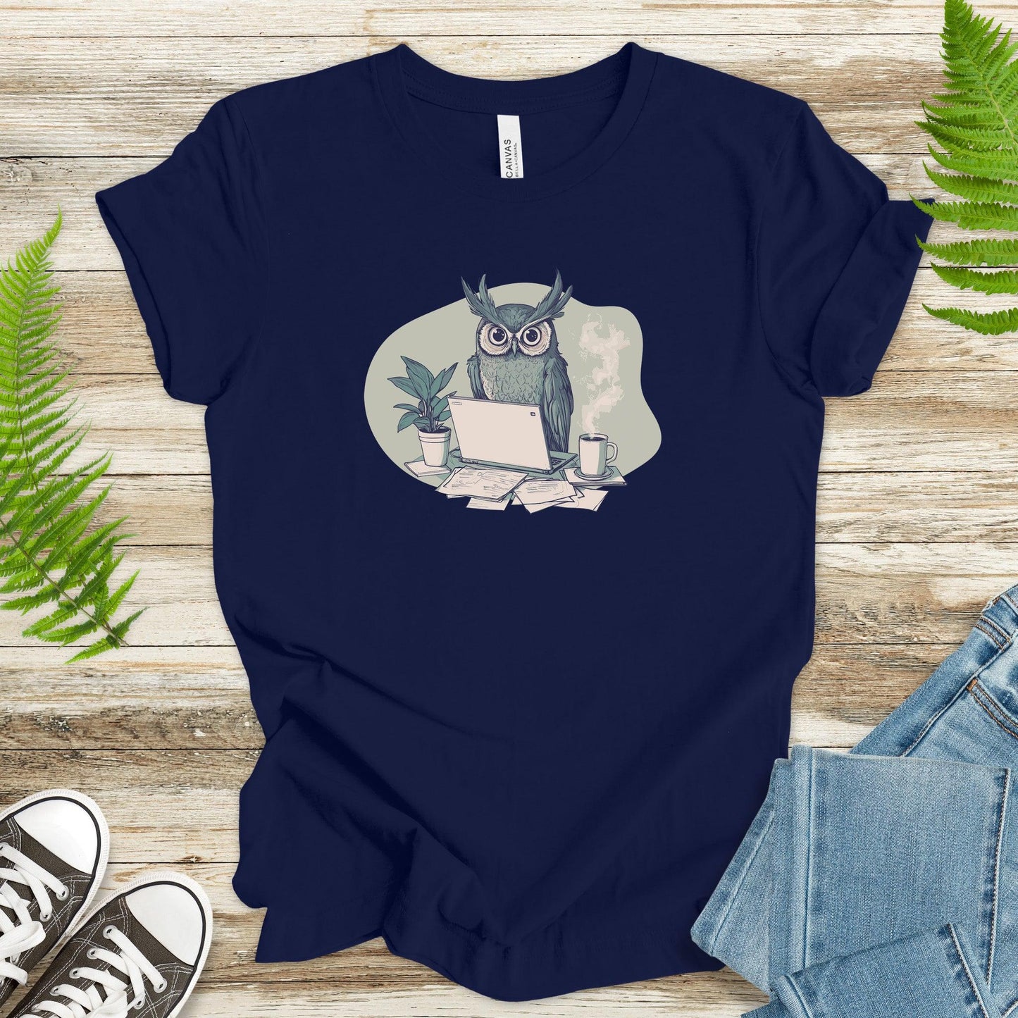 Owl with Laptop and Coffee T-Shirt - TShirtree