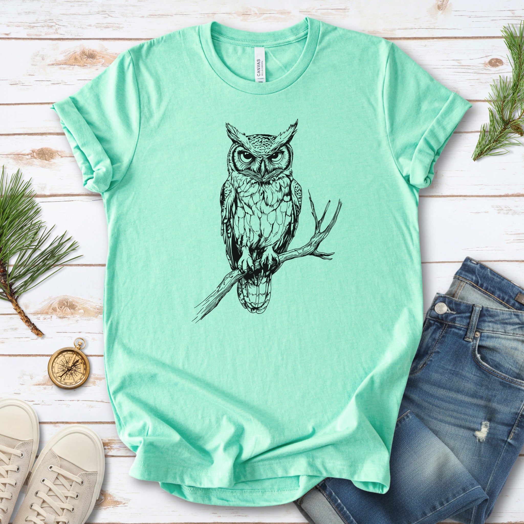 Owl on a Branch Sketch T-Shirt – Black and White Art