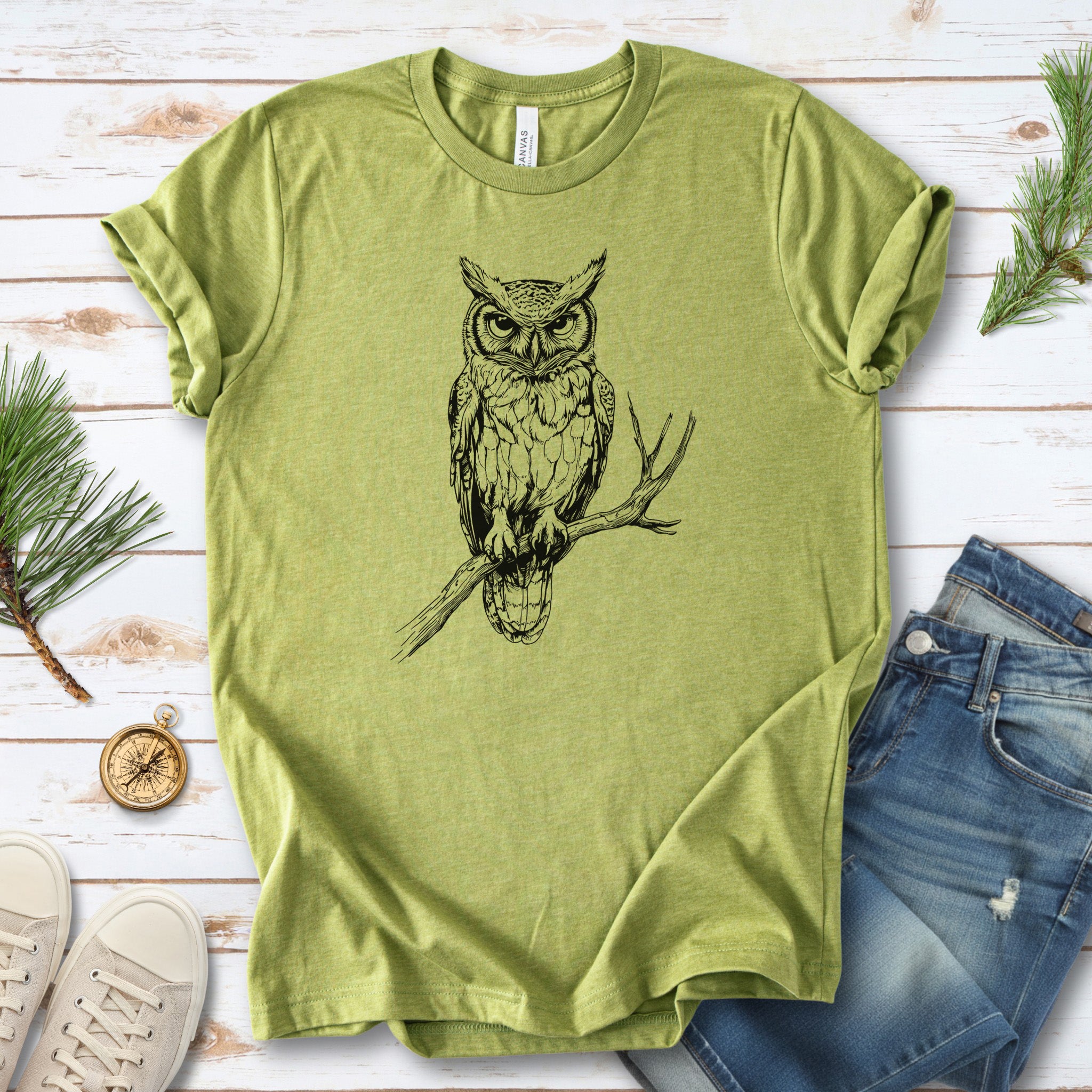 Owl on a Branch Sketch T-Shirt – Black and White Art