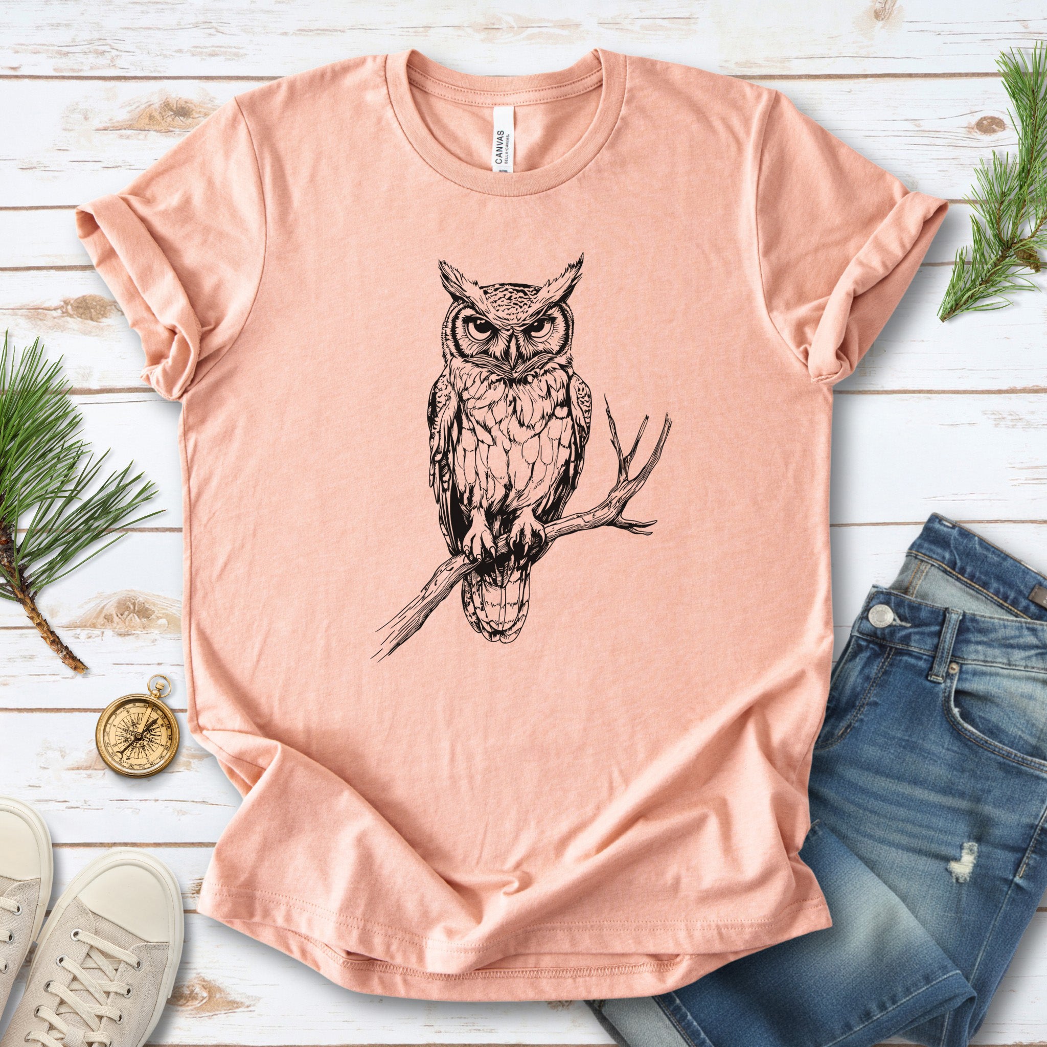 Owl on a Branch Sketch T-Shirt – Black and White Art