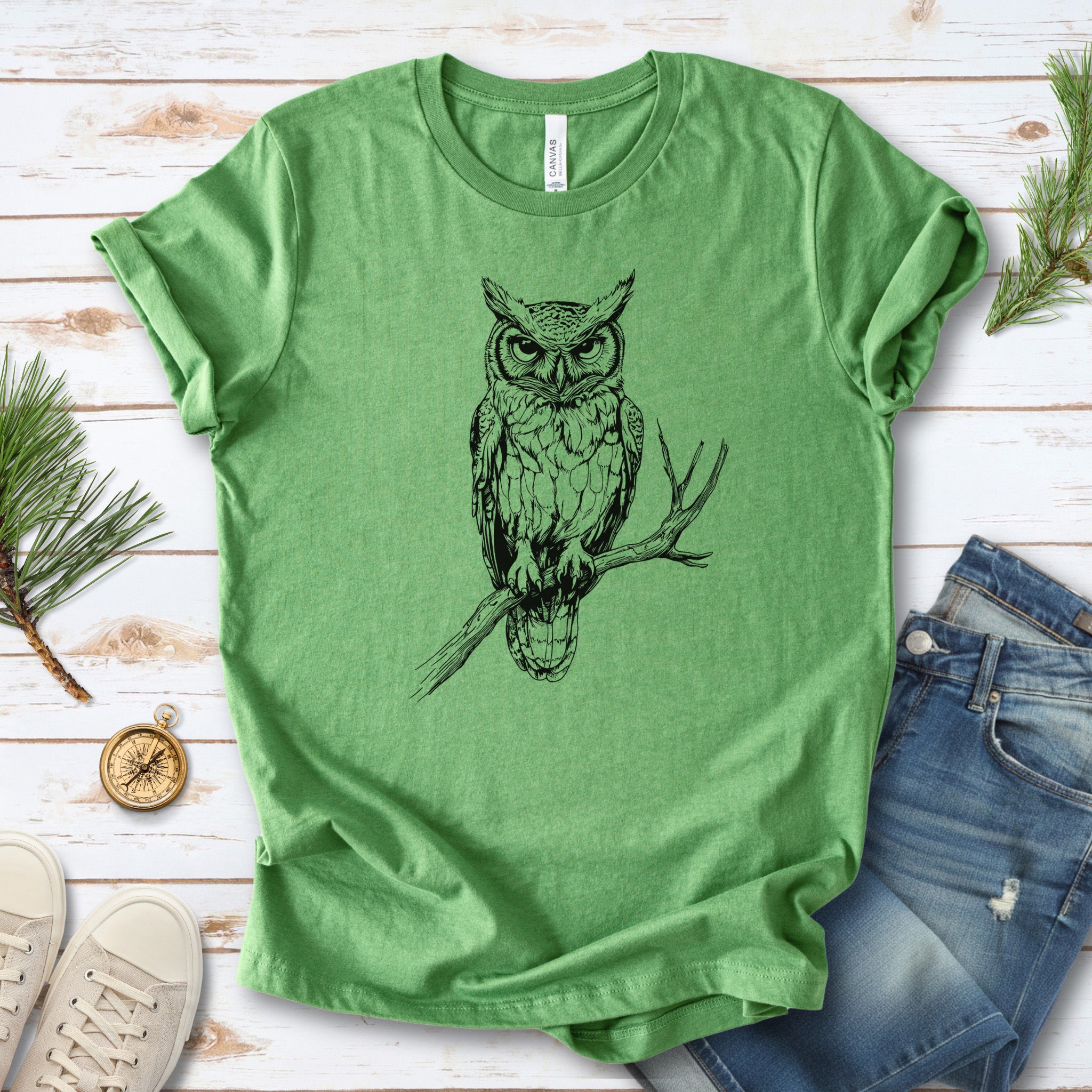 Owl on a Branch Sketch T-Shirt – Black and White Art