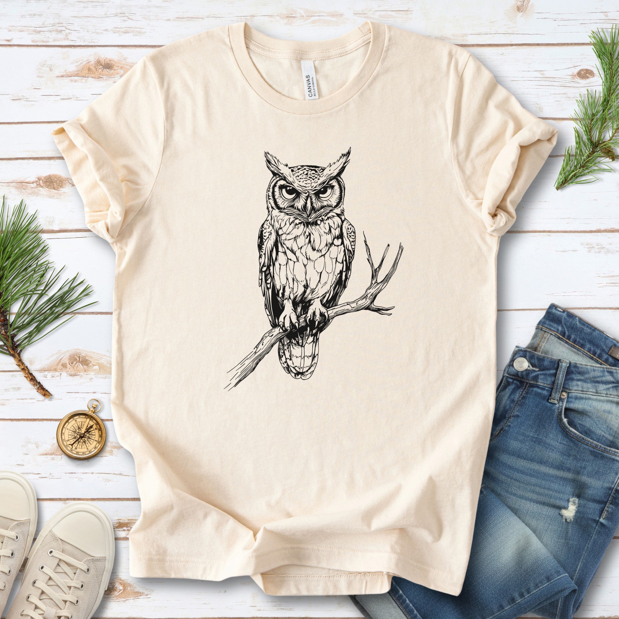 Owl on a Branch Sketch T-Shirt – Black and White Art