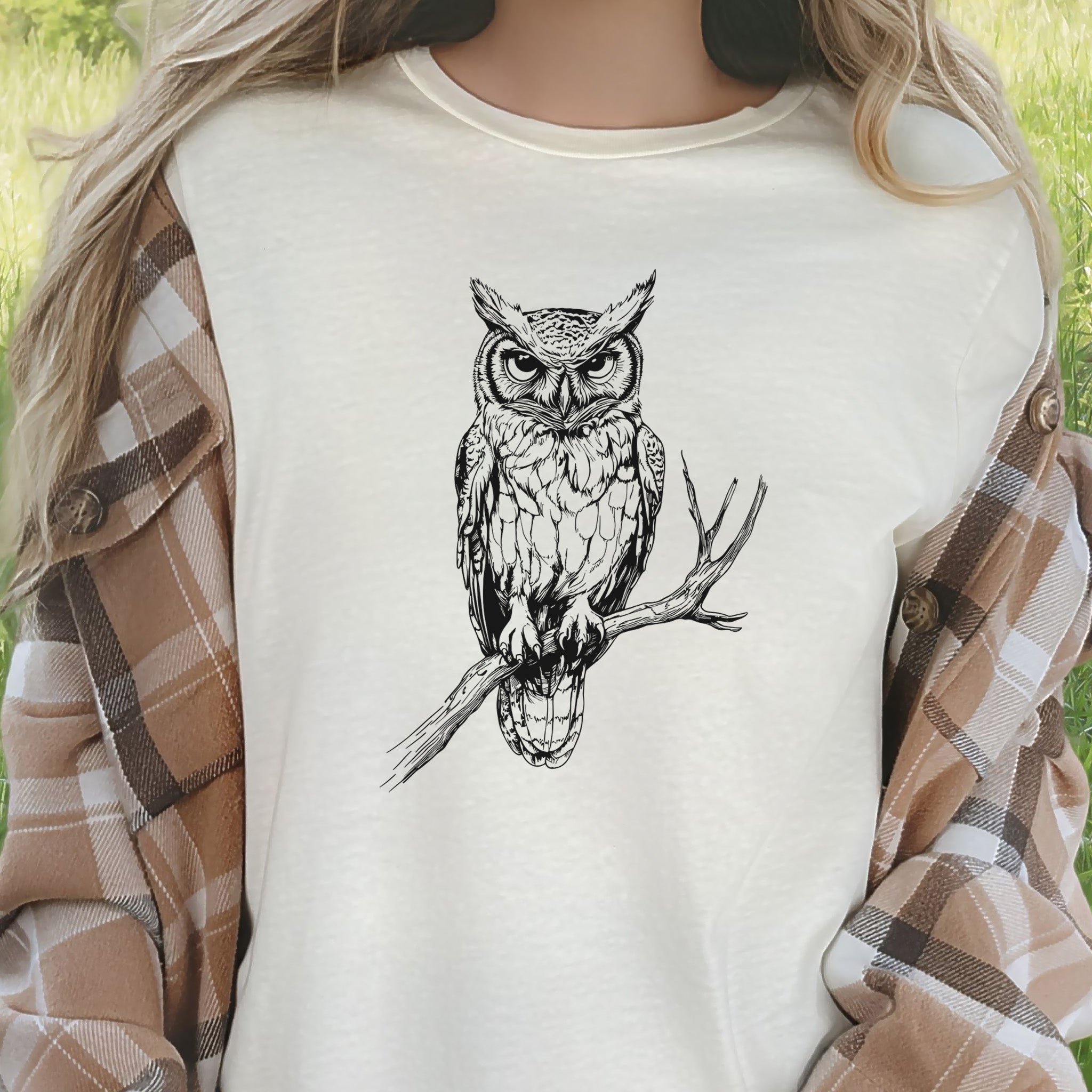 Owl on a Branch Sketch T-Shirt – Black and White Art